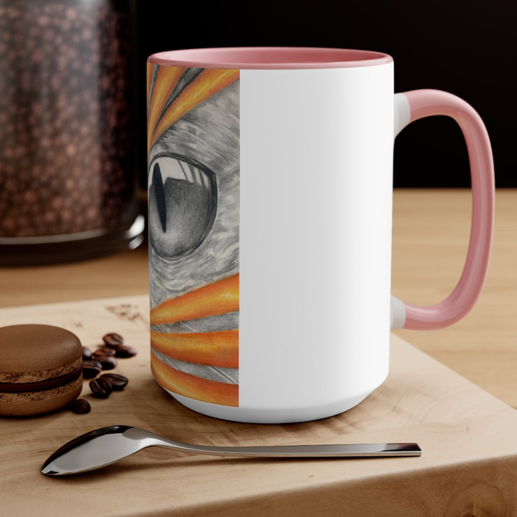 A stylish Cat Rays Accent Mug featuring a white exterior with a vibrant colored interior, available in red, pink, and black options.