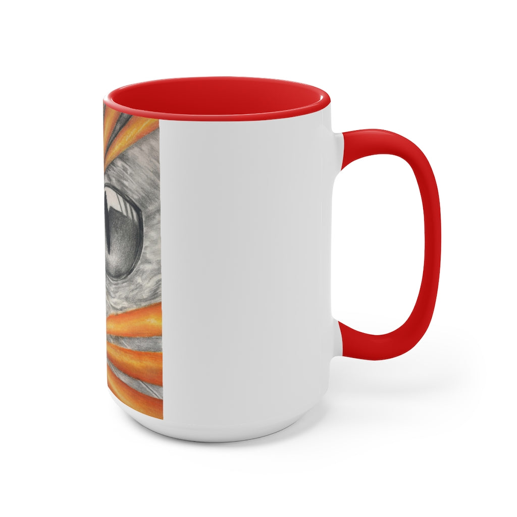 A stylish Cat Rays Accent Mug featuring a white exterior with a vibrant colored interior, available in red, pink, and black options.