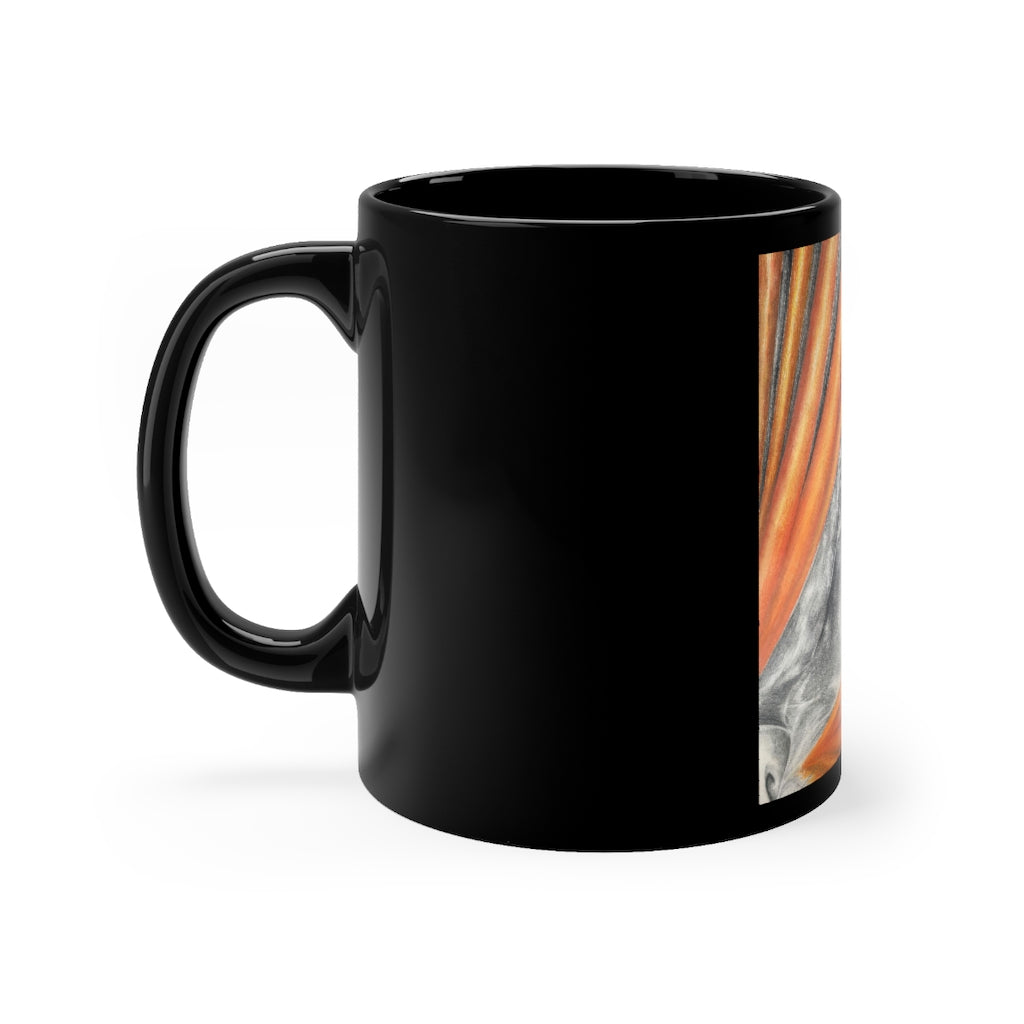 Cat Ray's 11oz black ceramic mug with rounded corners and C-handle, featuring a full-wrap decoration style for personalization.