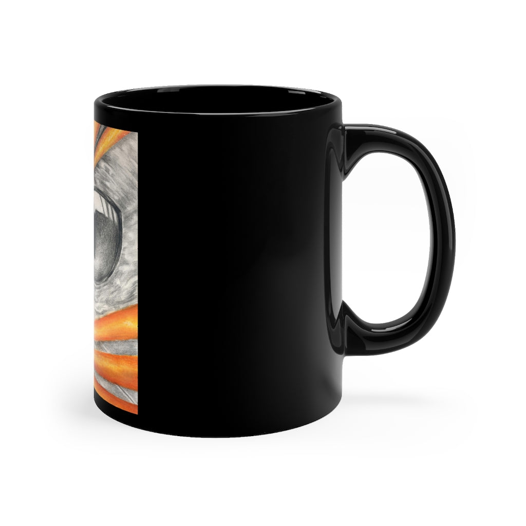 Cat Ray's 11oz black ceramic mug with rounded corners and C-handle, featuring a full-wrap decoration style for personalization.