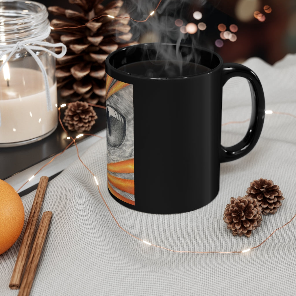 Cat Ray's 11oz black ceramic mug with rounded corners and C-handle, featuring a full-wrap decoration style for personalization.