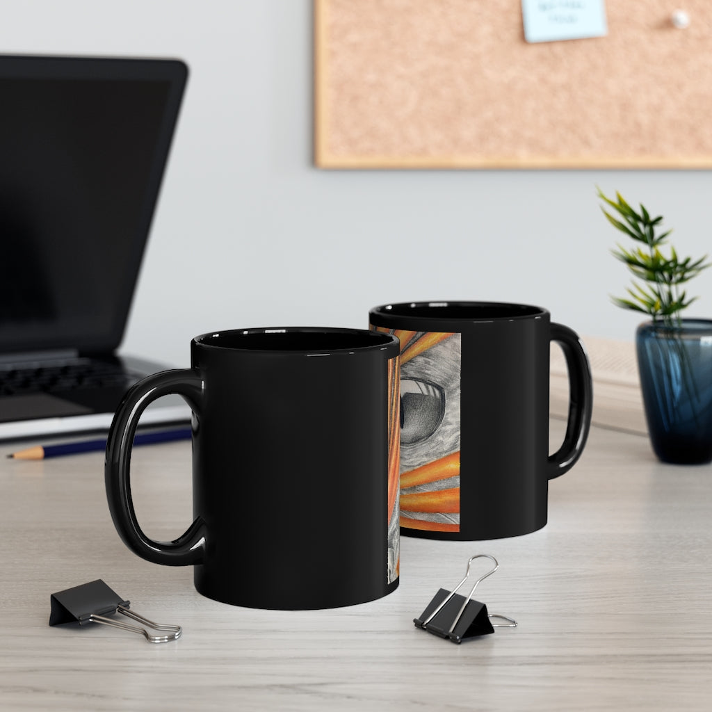 Cat Ray's 11oz black ceramic mug with rounded corners and C-handle, featuring a full-wrap decoration style for personalization.