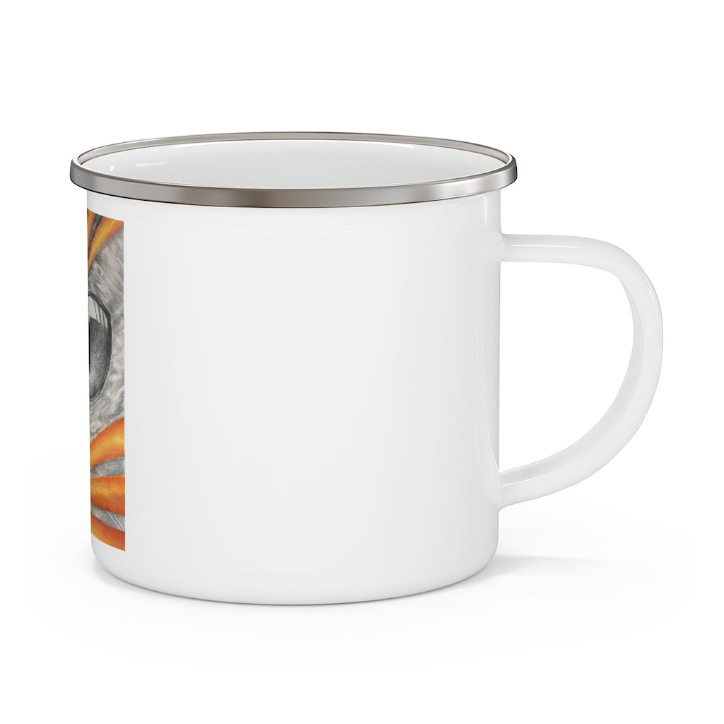 Cat Rays Enamel Camping Mug with colorful design, perfect for outdoor use, featuring a sturdy stainless steel body and C-handle.