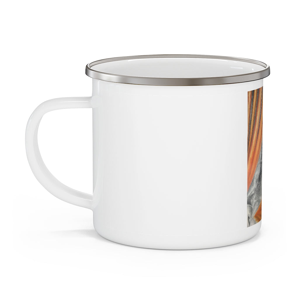 Cat Rays Enamel Camping Mug with colorful design, perfect for outdoor use, featuring a sturdy stainless steel body and C-handle.