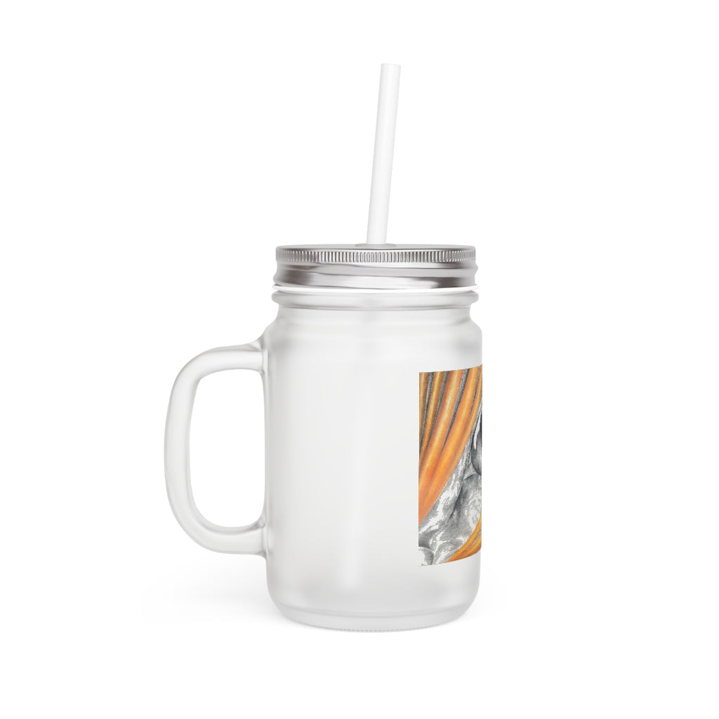 A stylish Cat Rays Mason Jar made of frosted glass, featuring a straw and lid, perfect for personalized drinks.