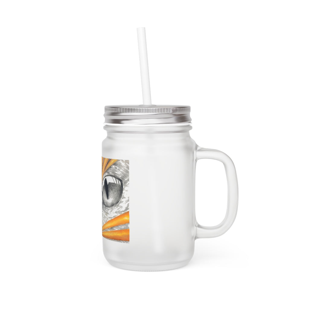 A stylish Cat Rays Mason Jar made of frosted glass, featuring a straw and lid, perfect for personalized drinks.