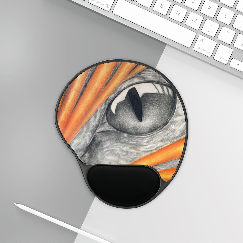 Cat Rays Mouse Pad with ergonomic wrist rest, featuring a playful cat design and a foot-shaped base for stability.