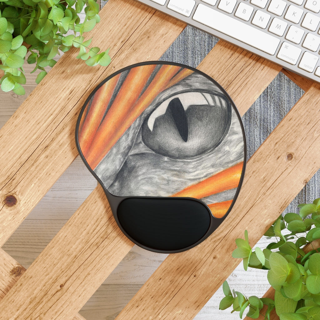 Cat Rays Mouse Pad with ergonomic wrist rest, featuring a playful cat design and a foot-shaped base for stability.