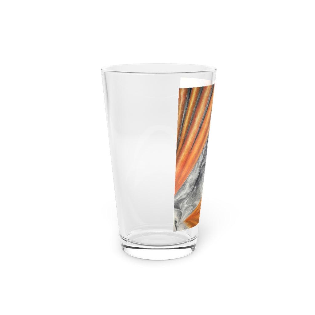 A clear 16oz Cat Rays pint glass featuring a custom printed design, ideal for personalized beverages.