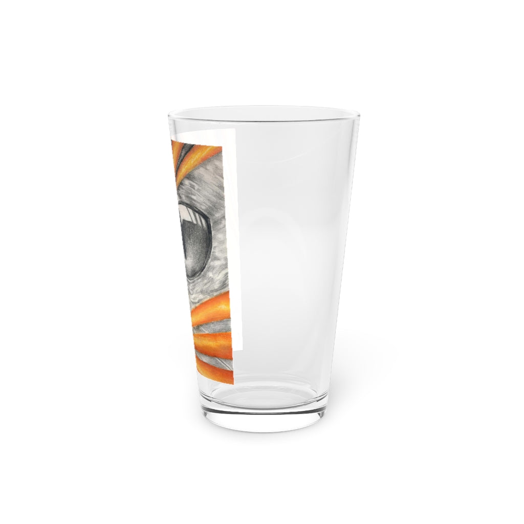 A clear 16oz Cat Rays pint glass featuring a custom printed design, ideal for personalized beverages.