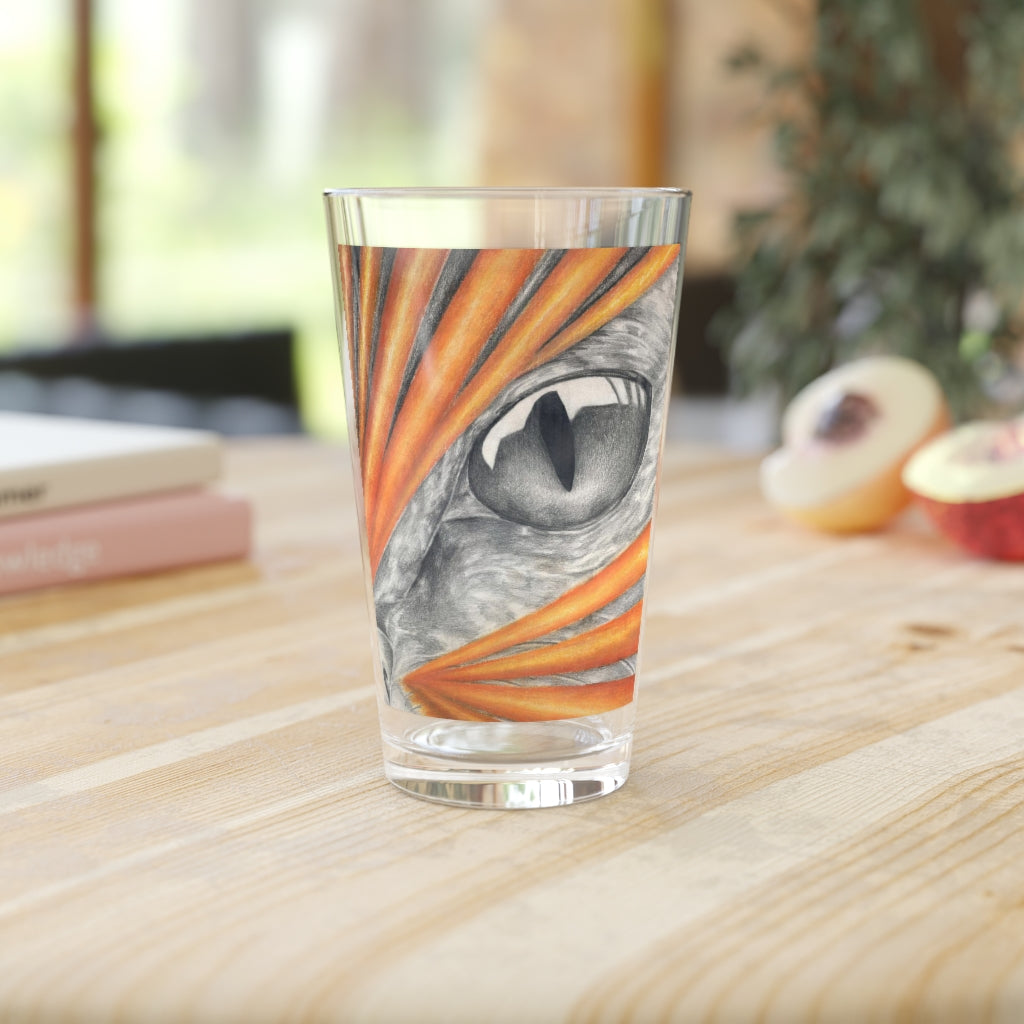 A clear 16oz Cat Rays pint glass featuring a custom printed design, ideal for personalized beverages.