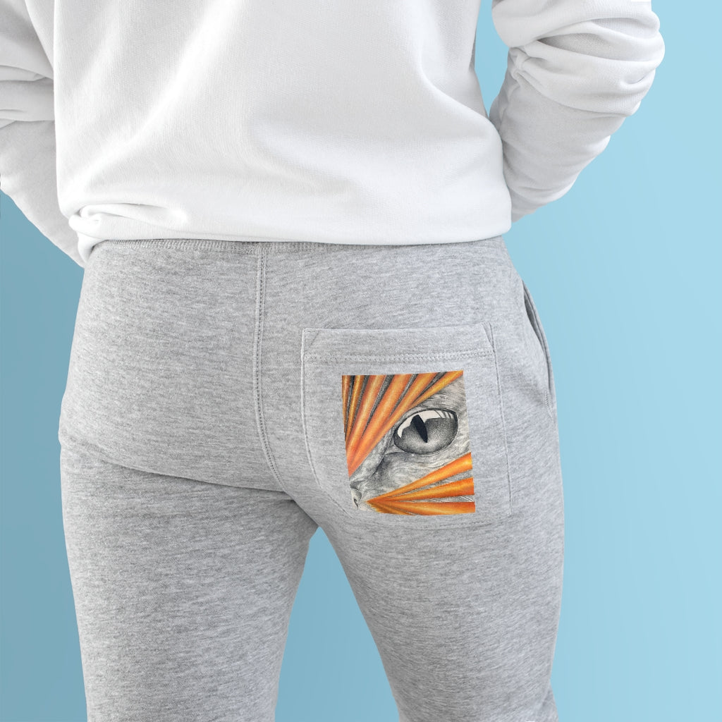 A pair of Cat Rays Premium Fleece Joggers in a stylish design, showcasing customizable back pocket and two side pockets, made from soft fleece material.