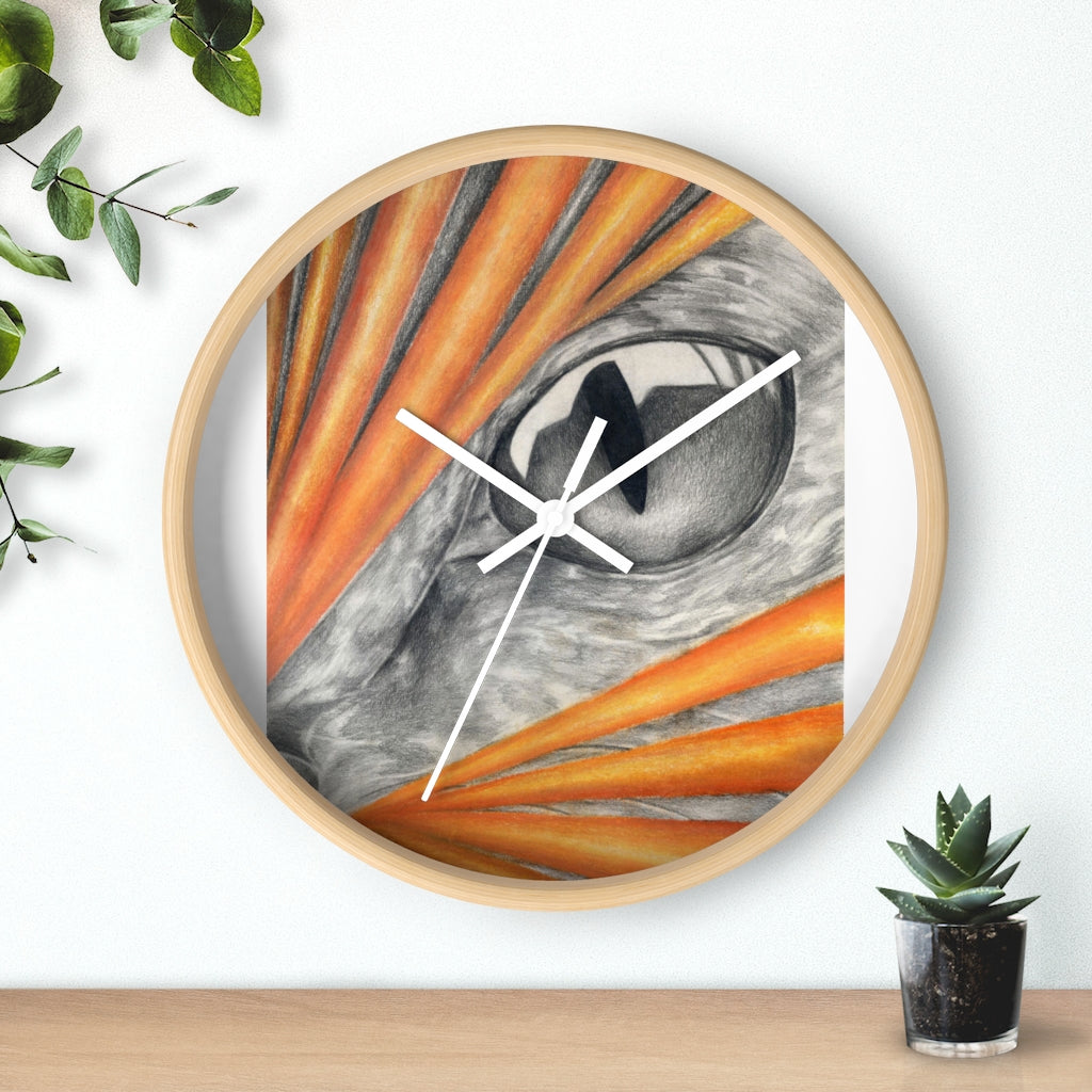 A stylish Cat Rays Wall Clock featuring a wooden frame and a plexiglass face, showcasing a unique cat rays design.