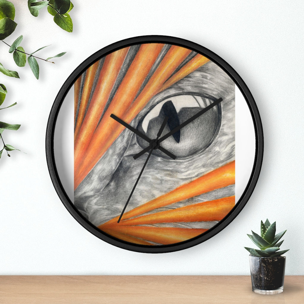 A stylish Cat Rays Wall Clock featuring a wooden frame and a plexiglass face, showcasing a unique cat rays design.