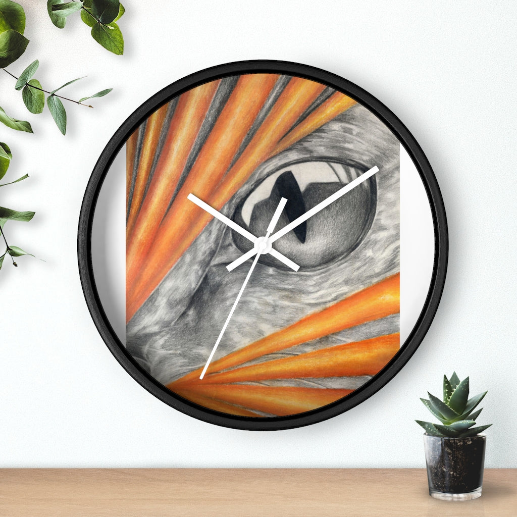 A stylish Cat Rays Wall Clock featuring a wooden frame and a plexiglass face, showcasing a unique cat rays design.