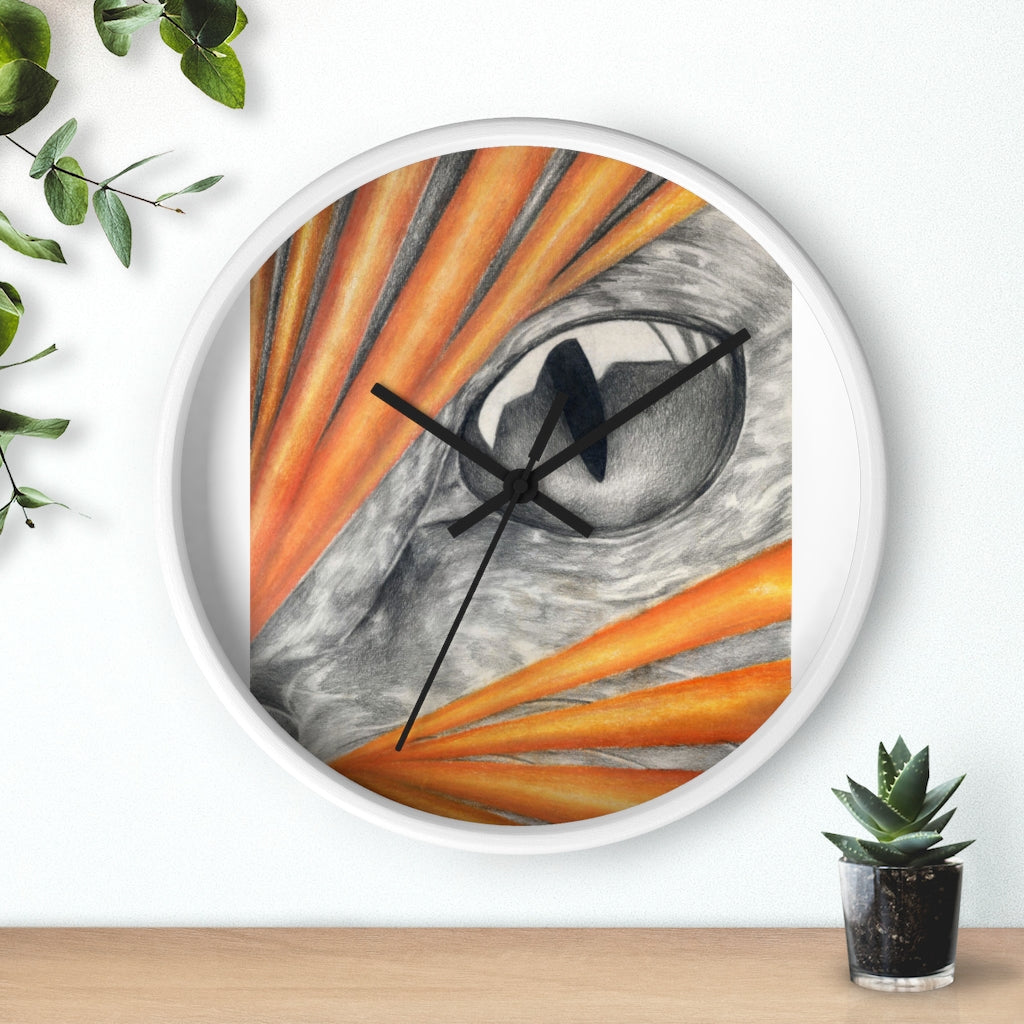 A stylish Cat Rays Wall Clock featuring a wooden frame and a plexiglass face, showcasing a unique cat rays design.