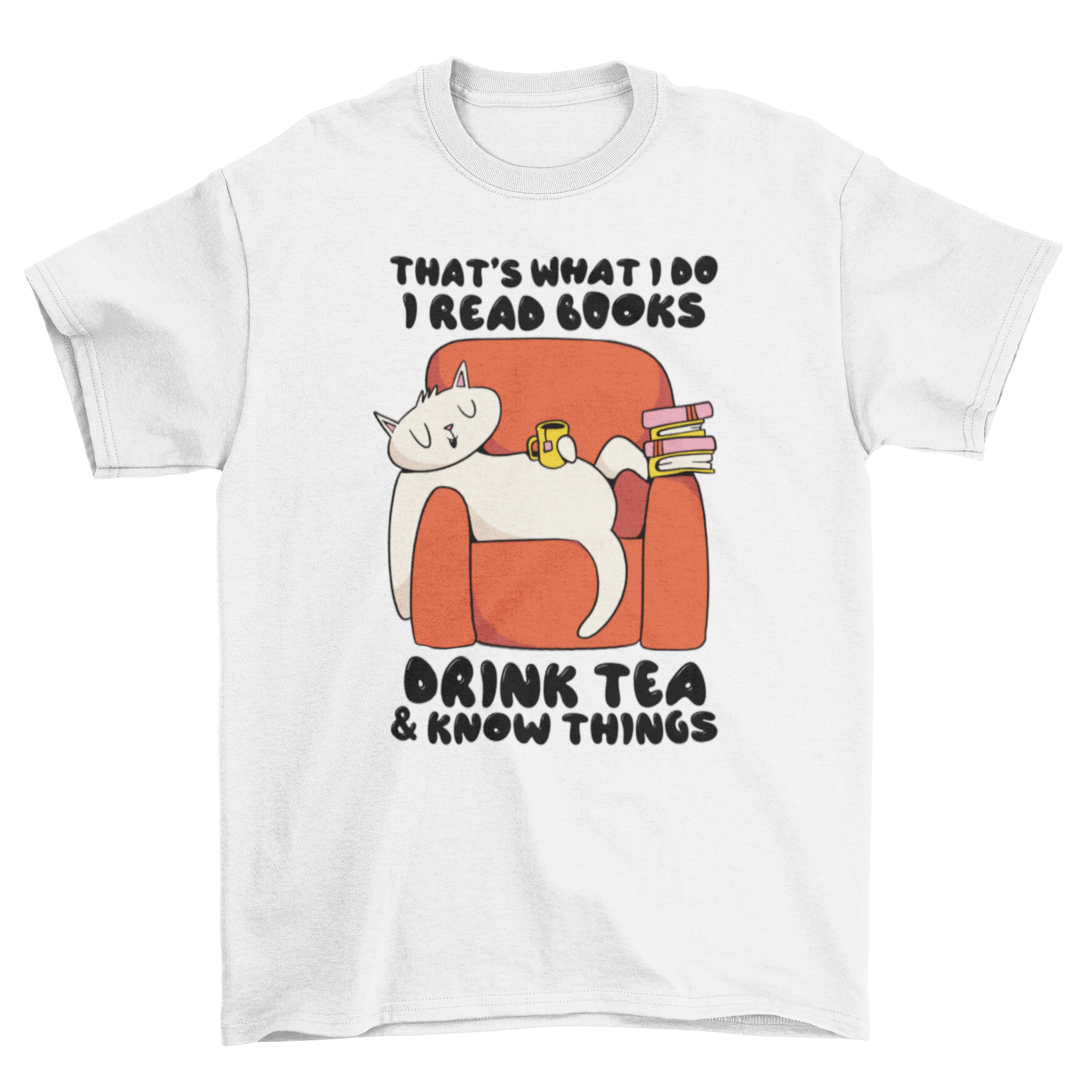 Cartoon t-shirt featuring a cute cat reading books with a cup of tea.