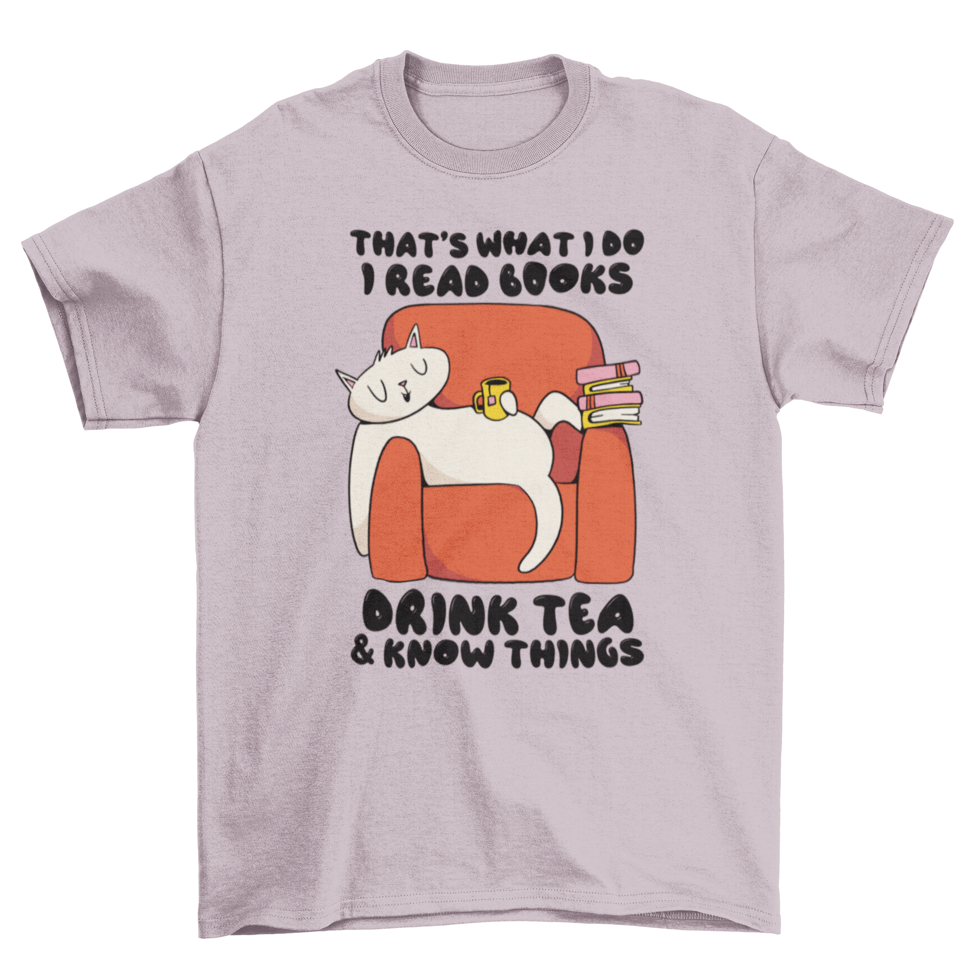 Cartoon t-shirt featuring a cute cat reading books with a cup of tea.