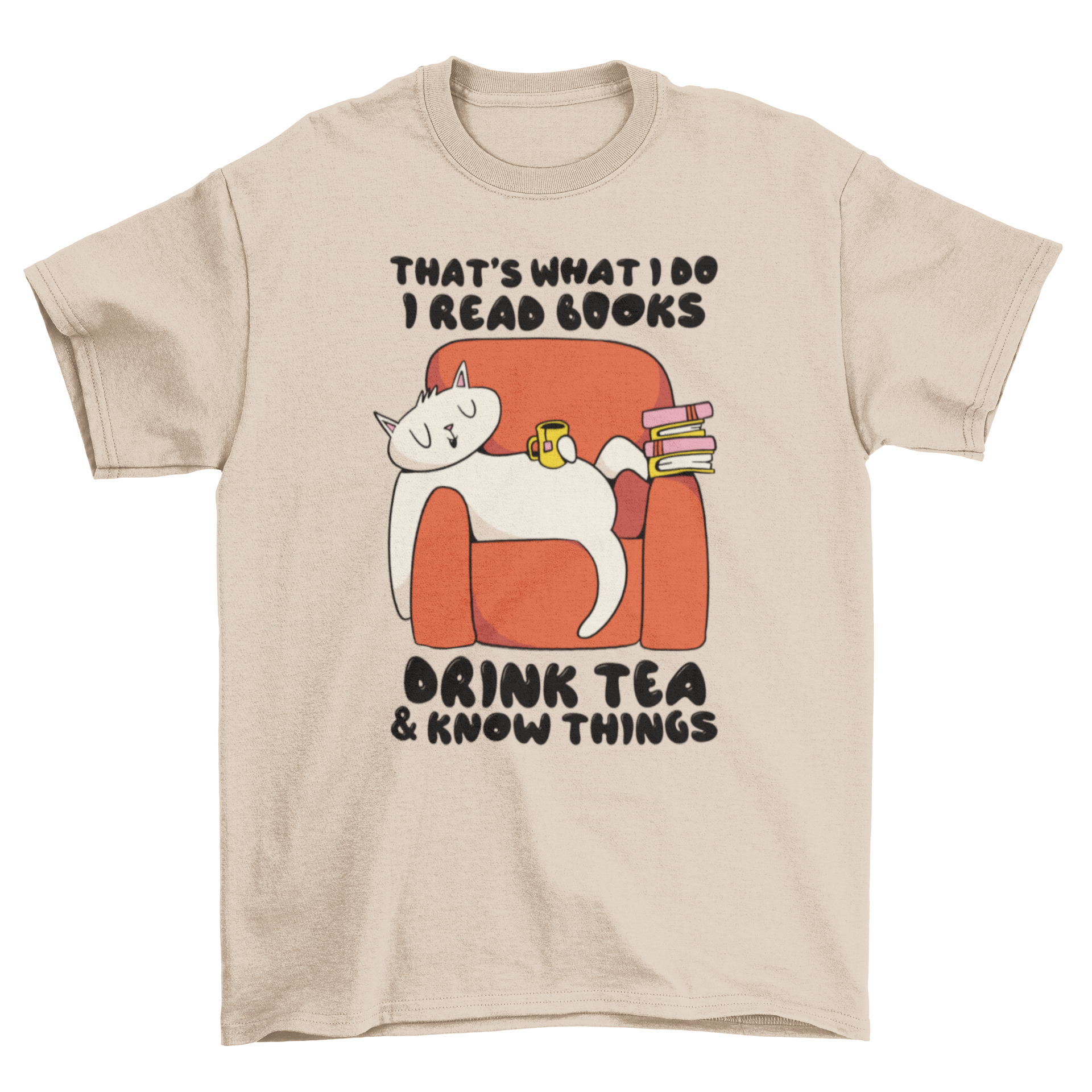 Cartoon t-shirt featuring a cute cat reading books with a cup of tea.