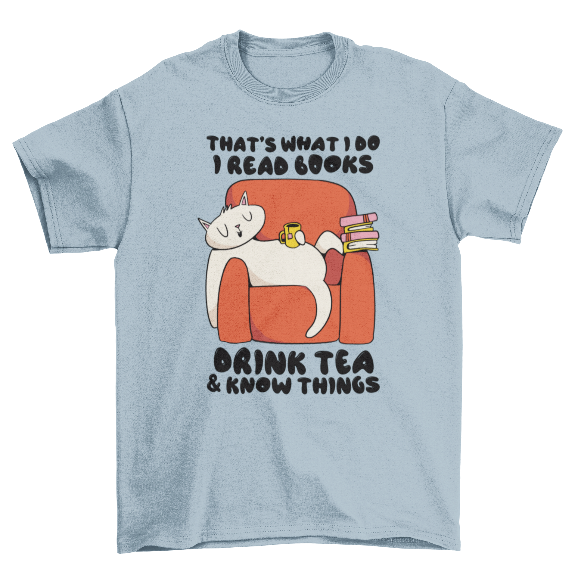 Cartoon t-shirt featuring a cute cat reading books with a cup of tea.