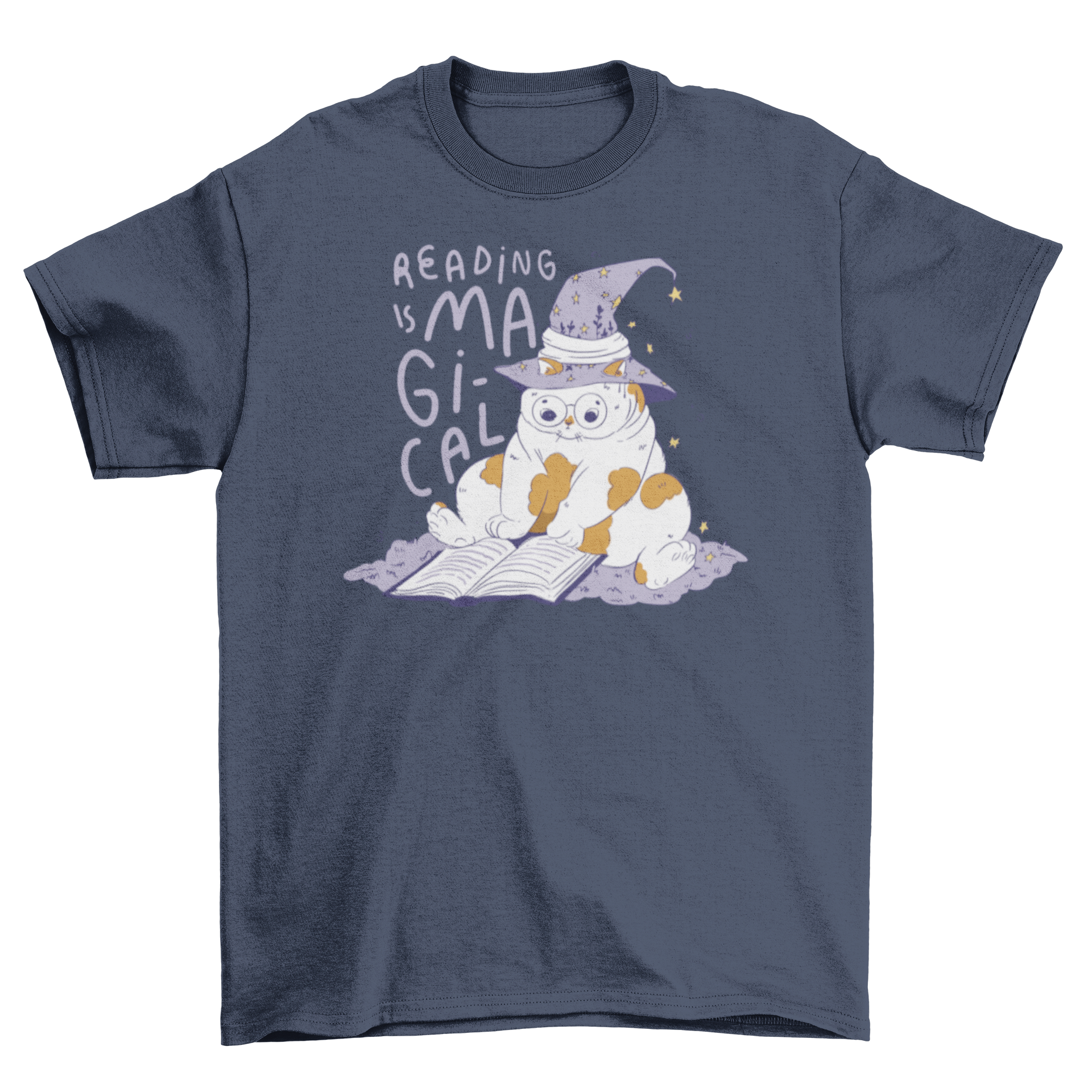 A whimsical t-shirt featuring a cat reading a book with a magical hat and the quote 'Reading is magical'.