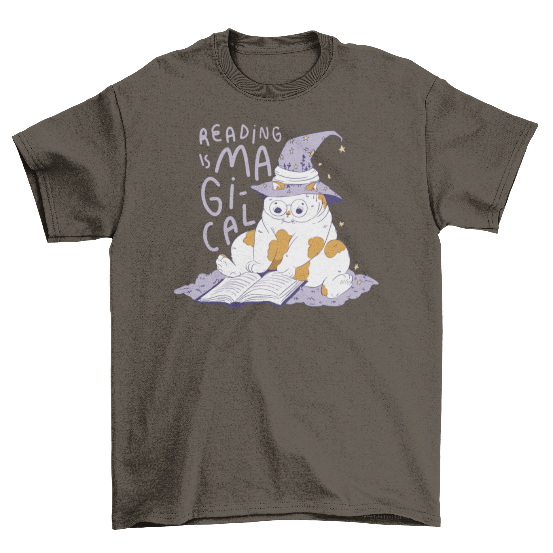 A whimsical t-shirt featuring a cat reading a book with a magical hat and the quote 'Reading is magical'.