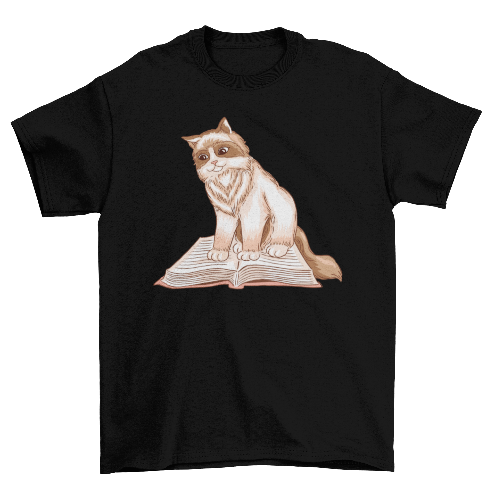 A cozy t-shirt featuring a fluffy cat sitting on an open book, perfect for cat lovers and readers.