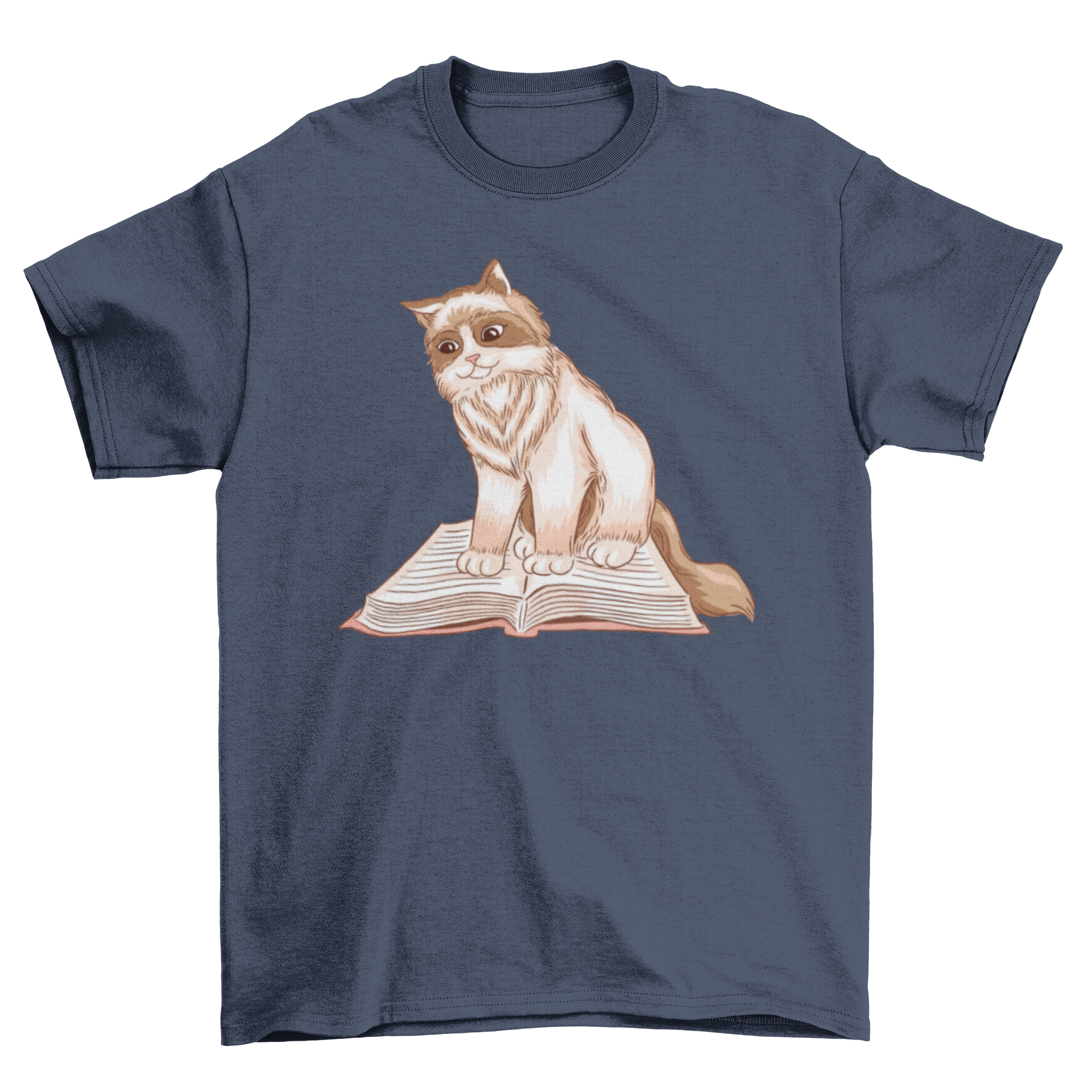 A cozy t-shirt featuring a fluffy cat sitting on an open book, perfect for cat lovers and readers.