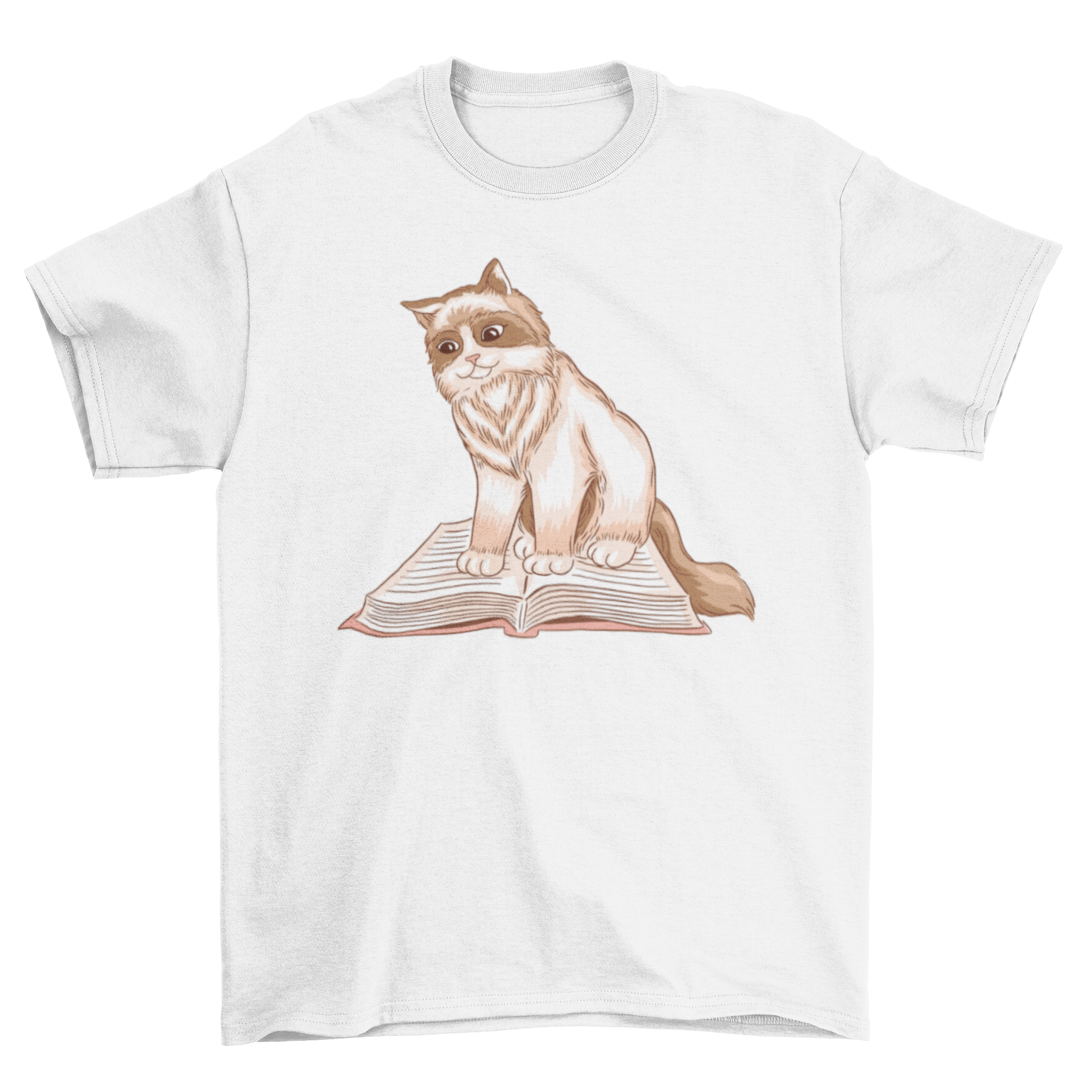 A cozy t-shirt featuring a fluffy cat sitting on an open book, perfect for cat lovers and readers.