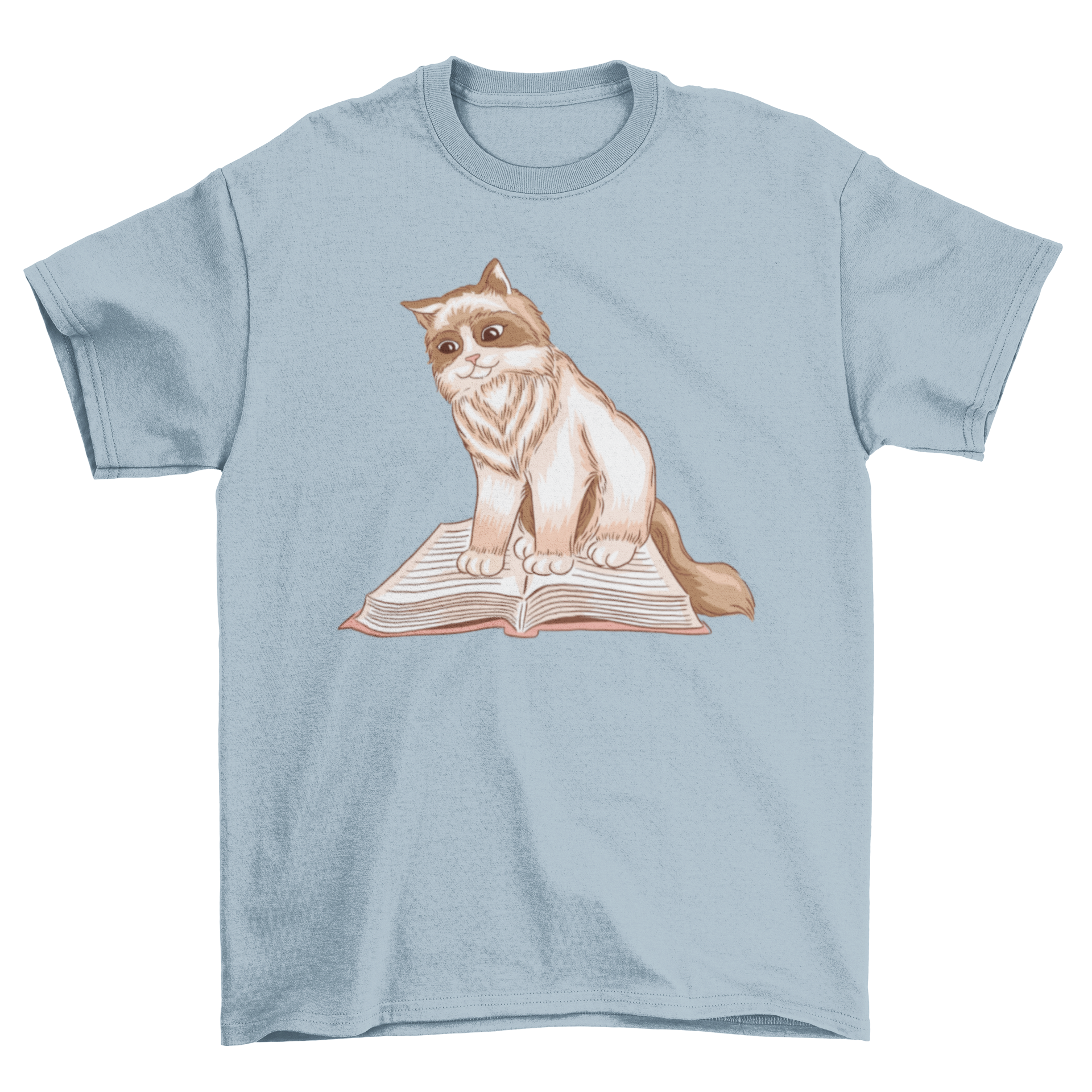 A cozy t-shirt featuring a fluffy cat sitting on an open book, perfect for cat lovers and readers.