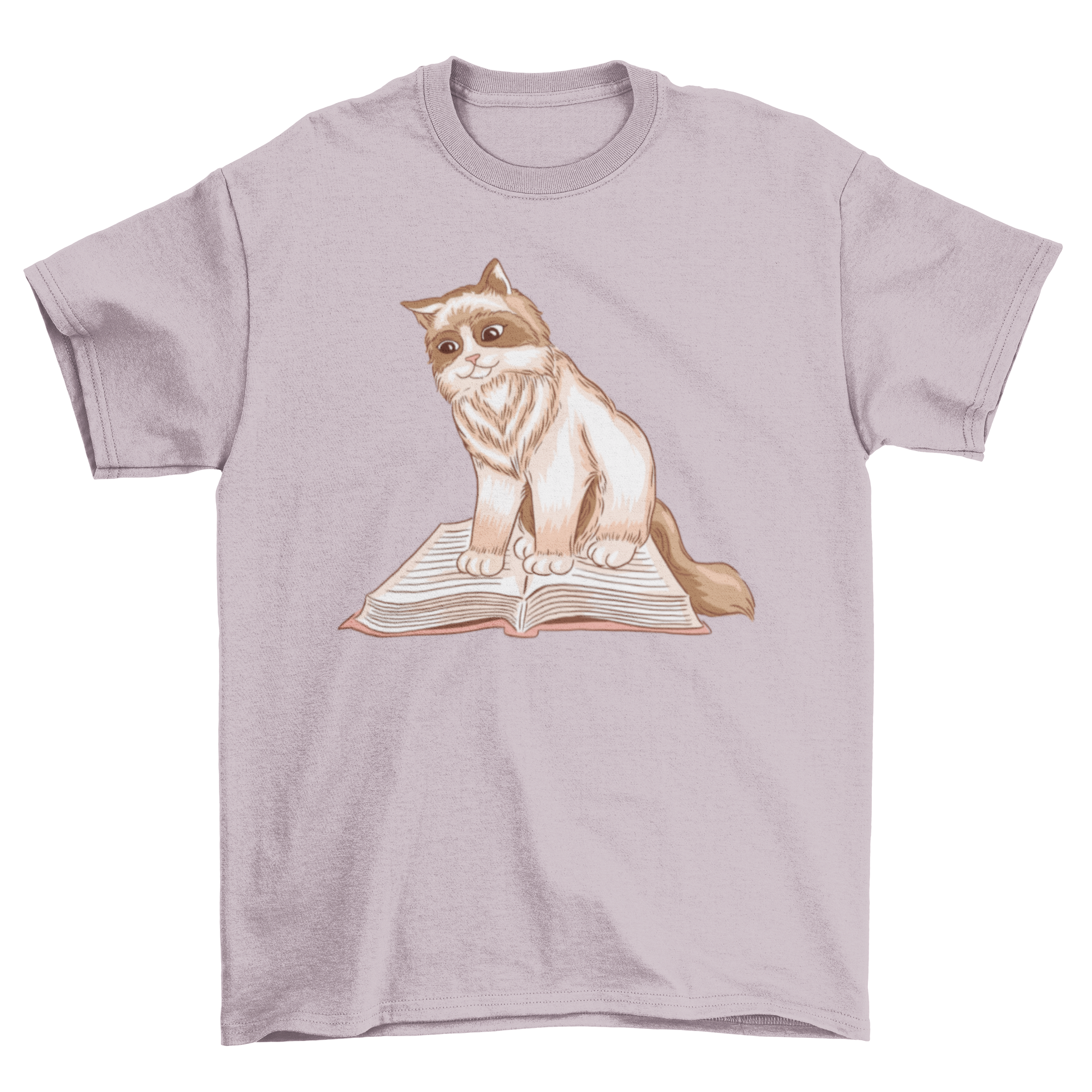 A cozy t-shirt featuring a fluffy cat sitting on an open book, perfect for cat lovers and readers.