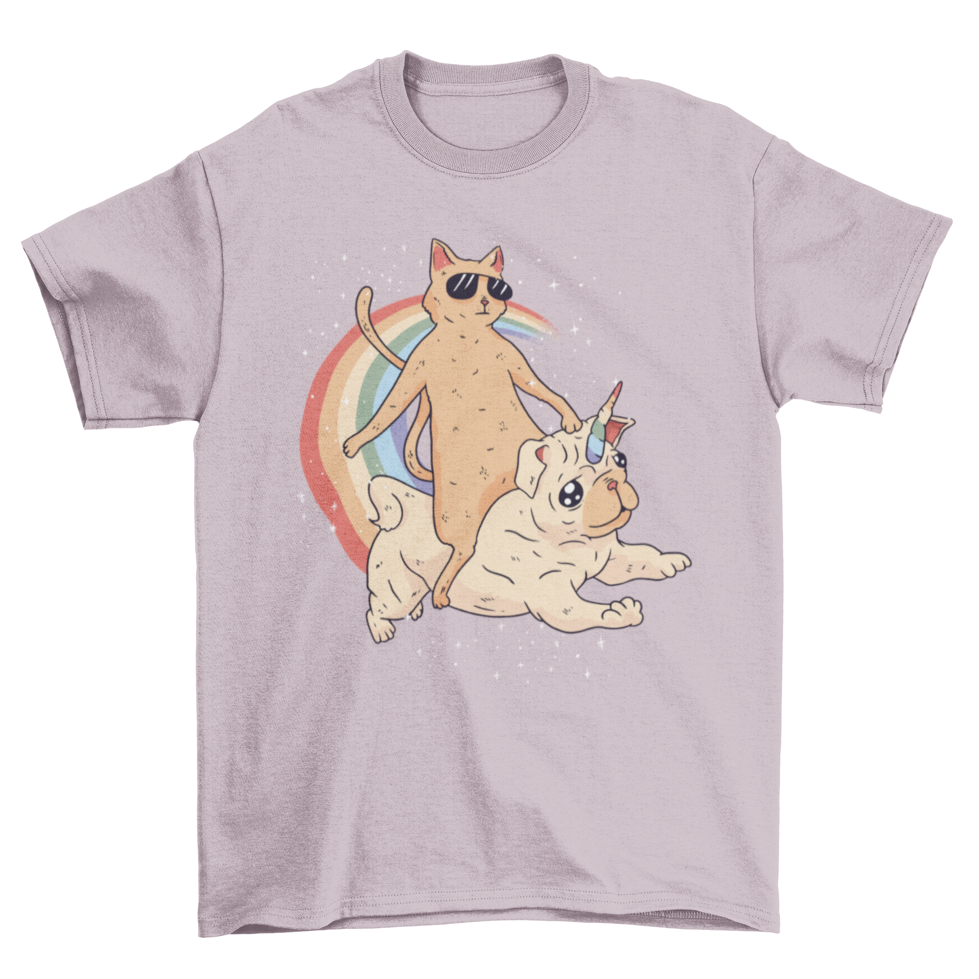 A humorous t-shirt featuring a cat in sunglasses riding a unicorn dog, with a colorful rainbow and stars in the background.