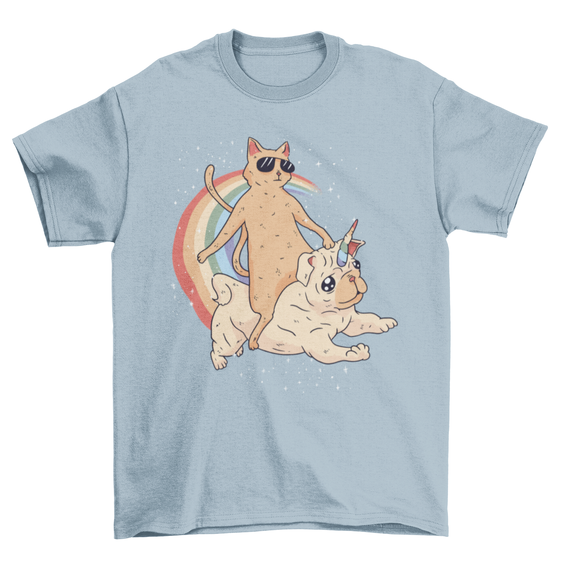 A humorous t-shirt featuring a cat in sunglasses riding a unicorn dog, with a colorful rainbow and stars in the background.