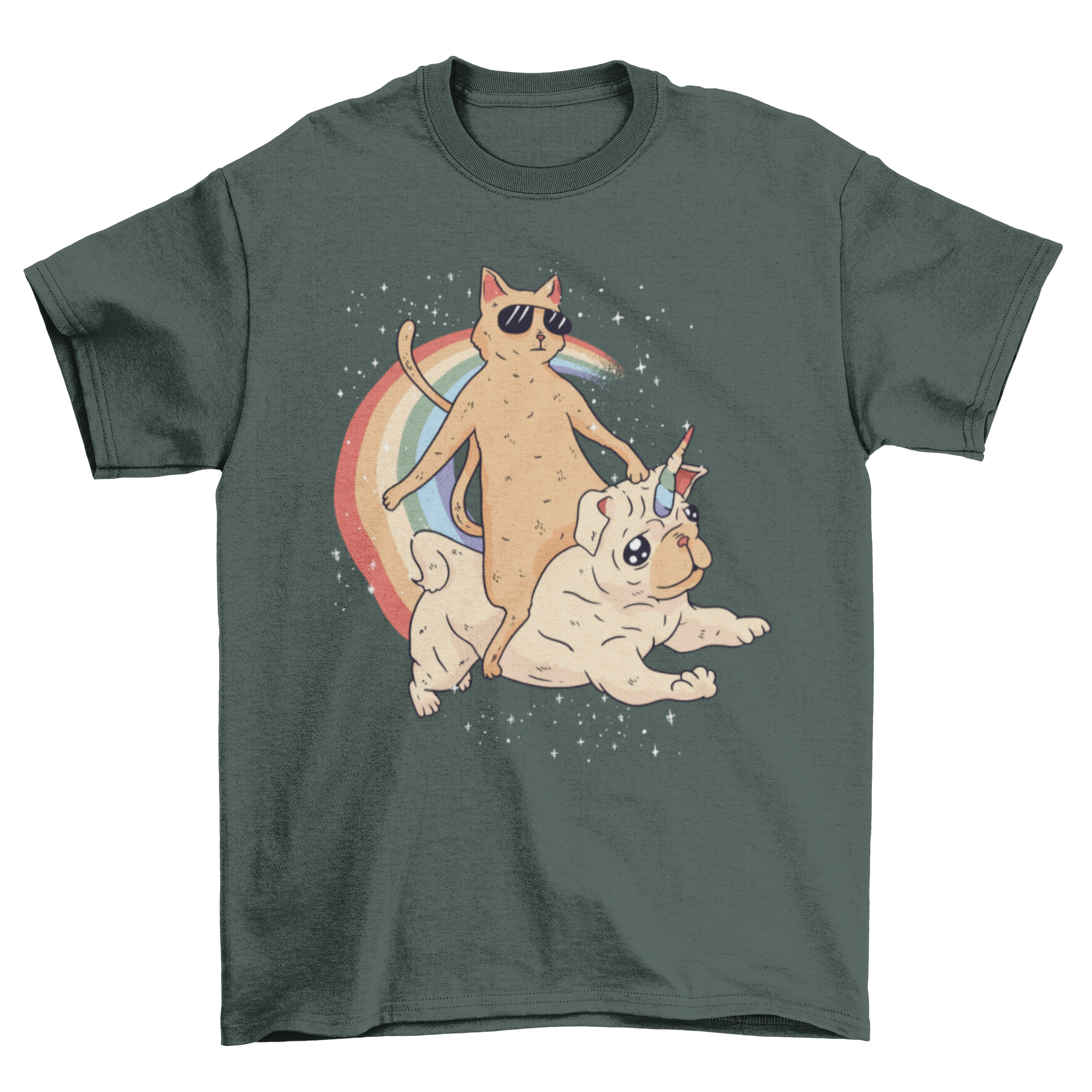 A humorous t-shirt featuring a cat in sunglasses riding a unicorn dog, with a colorful rainbow and stars in the background.