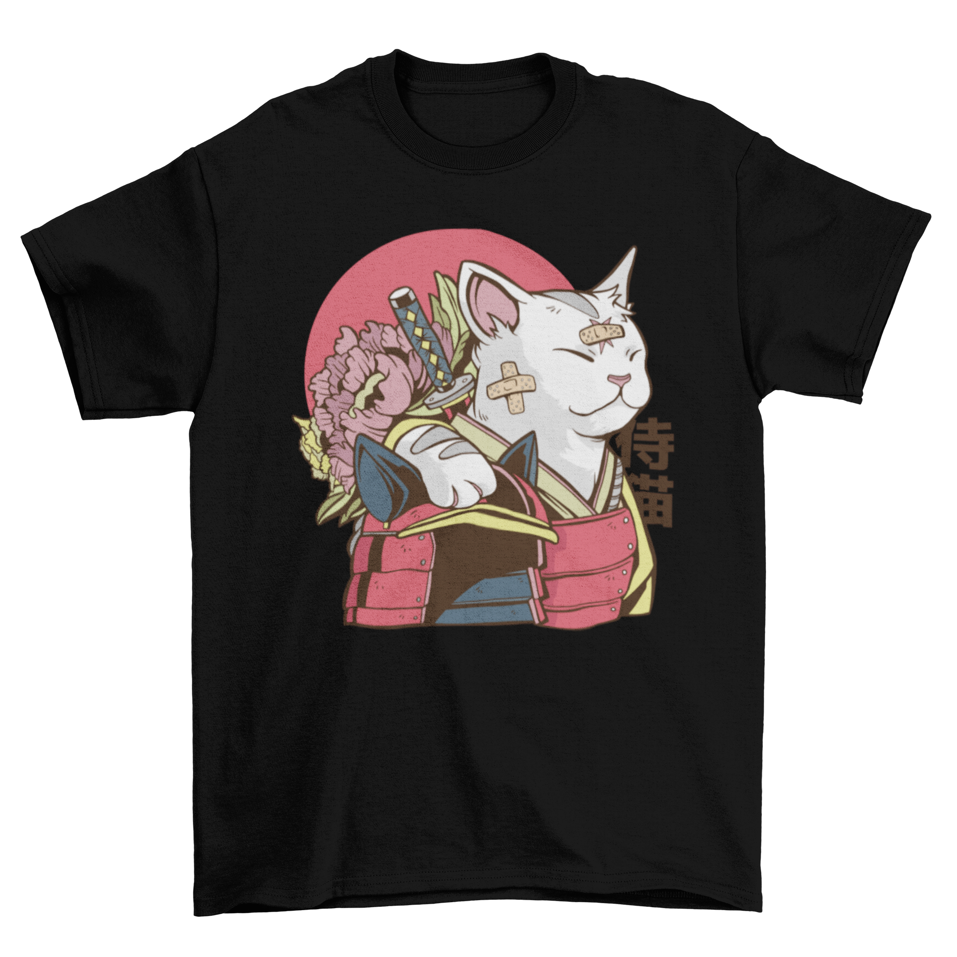 A stylish Cat Samurai T-shirt featuring a samurai cat design with bandages on its face, perfect for cat lovers.