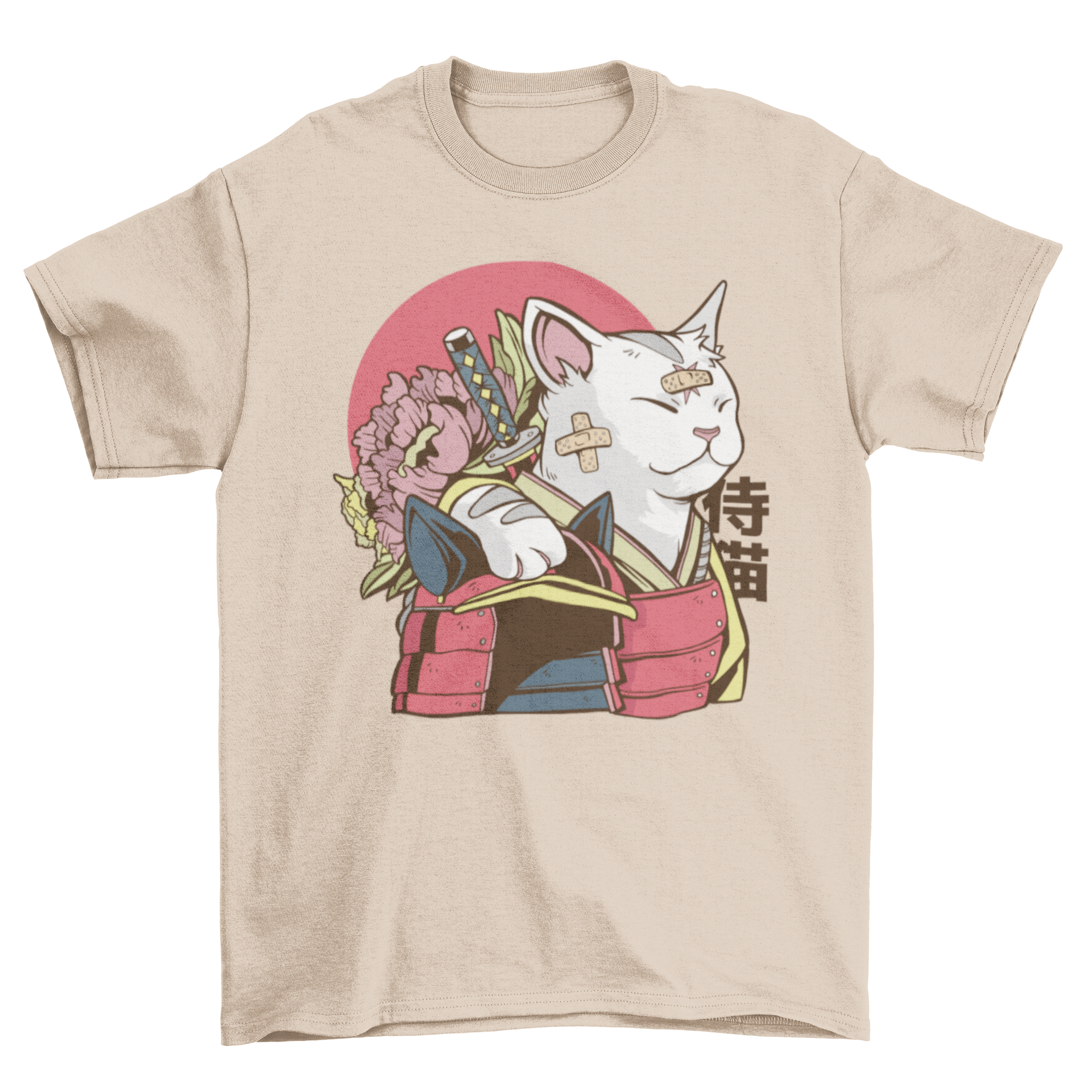 A stylish Cat Samurai T-shirt featuring a samurai cat design with bandages on its face, perfect for cat lovers.