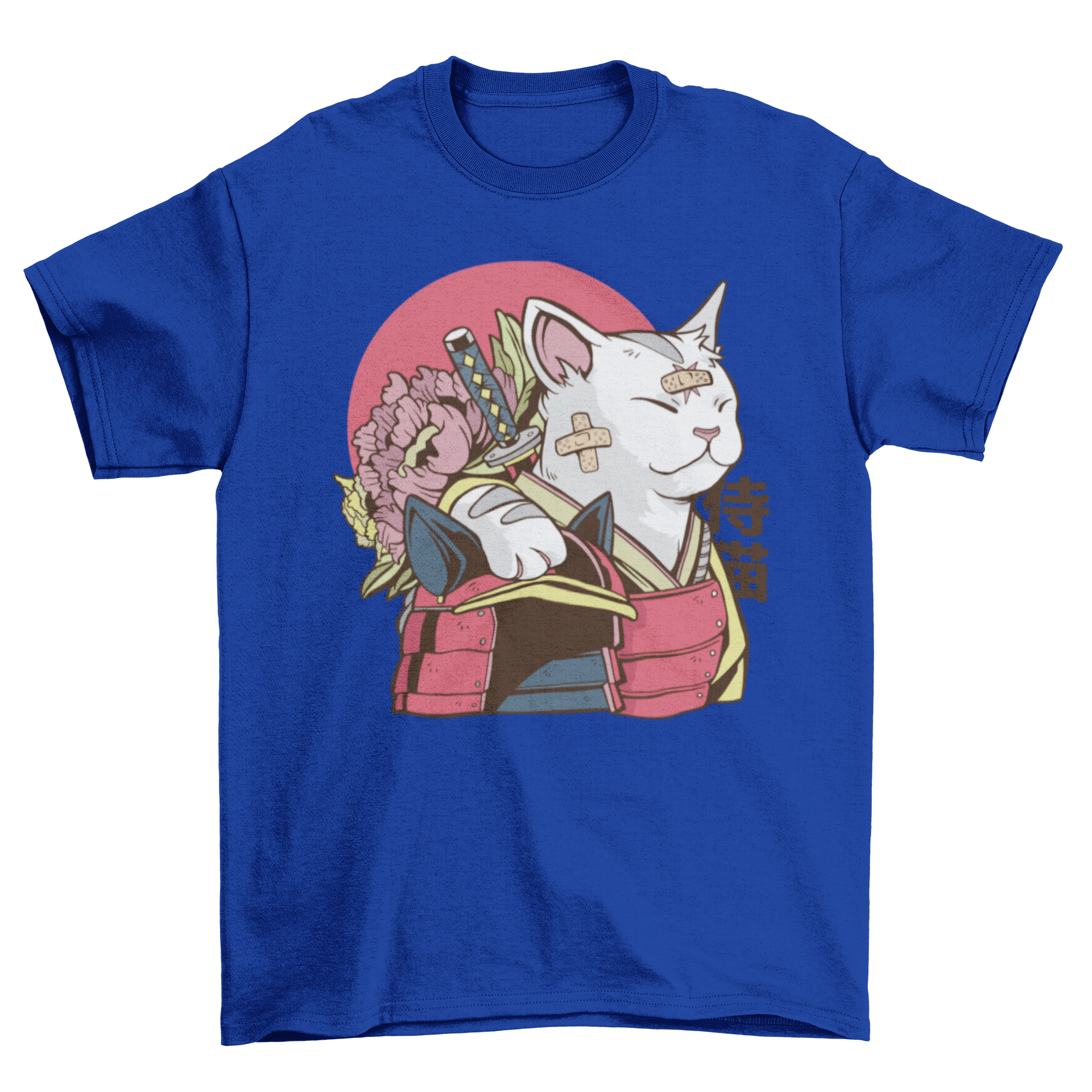 A stylish Cat Samurai T-shirt featuring a samurai cat design with bandages on its face, perfect for cat lovers.