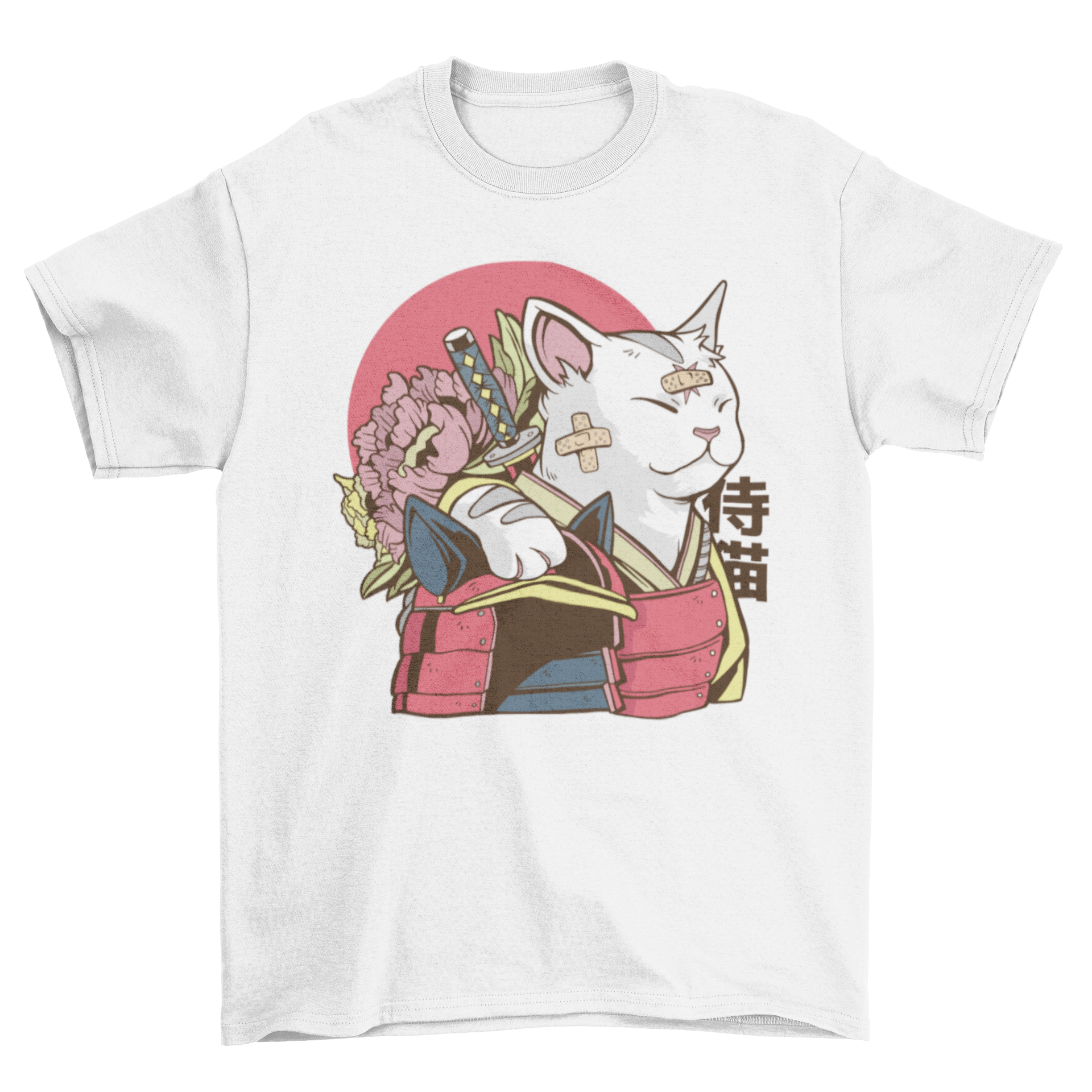 A stylish Cat Samurai T-shirt featuring a samurai cat design with bandages on its face, perfect for cat lovers.