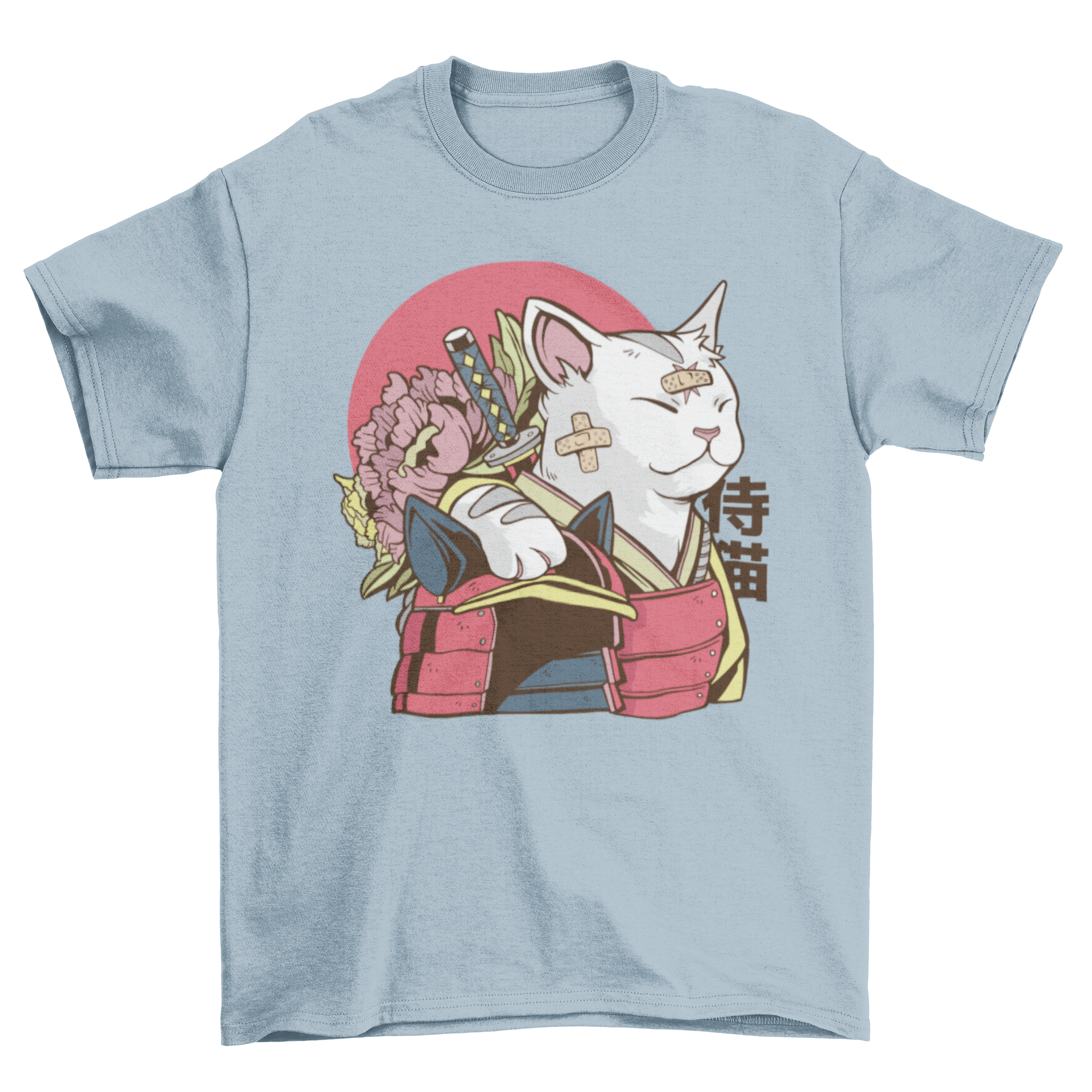 A stylish Cat Samurai T-shirt featuring a samurai cat design with bandages on its face, perfect for cat lovers.