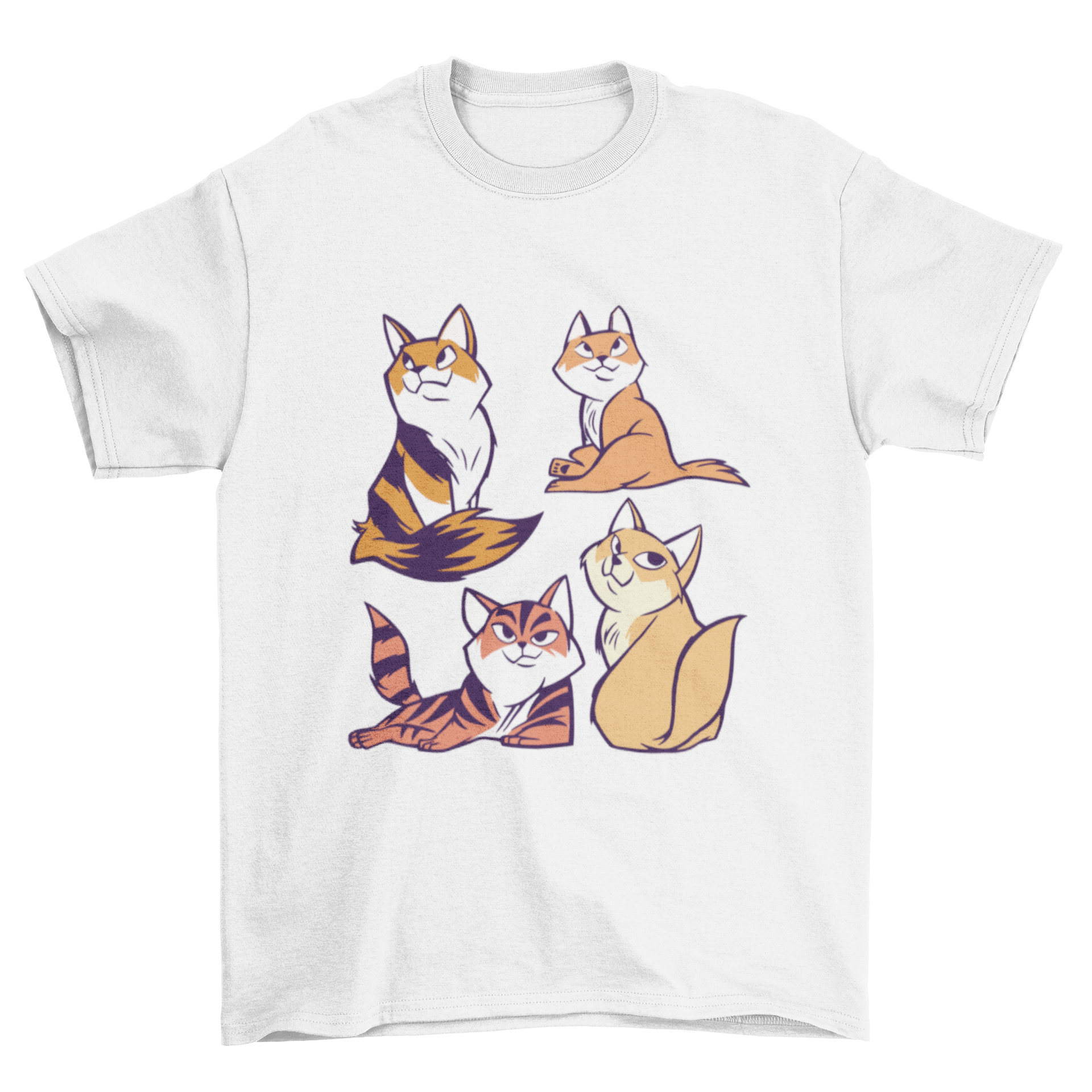 A colorful Cat Siblings Cartoon T-shirt featuring four cute cat illustrations, perfect for cat lovers.