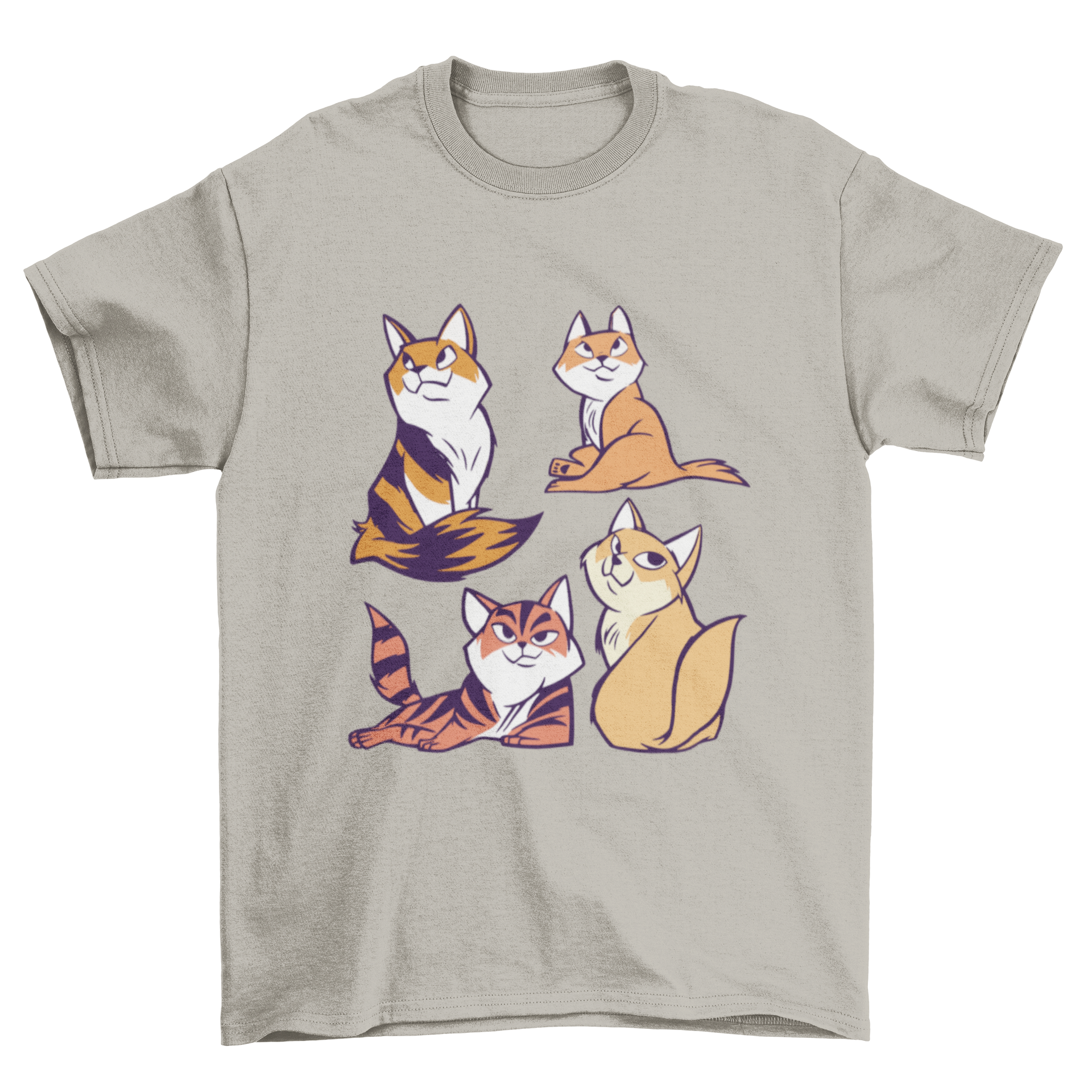 A colorful Cat Siblings Cartoon T-shirt featuring four cute cat illustrations, perfect for cat lovers.