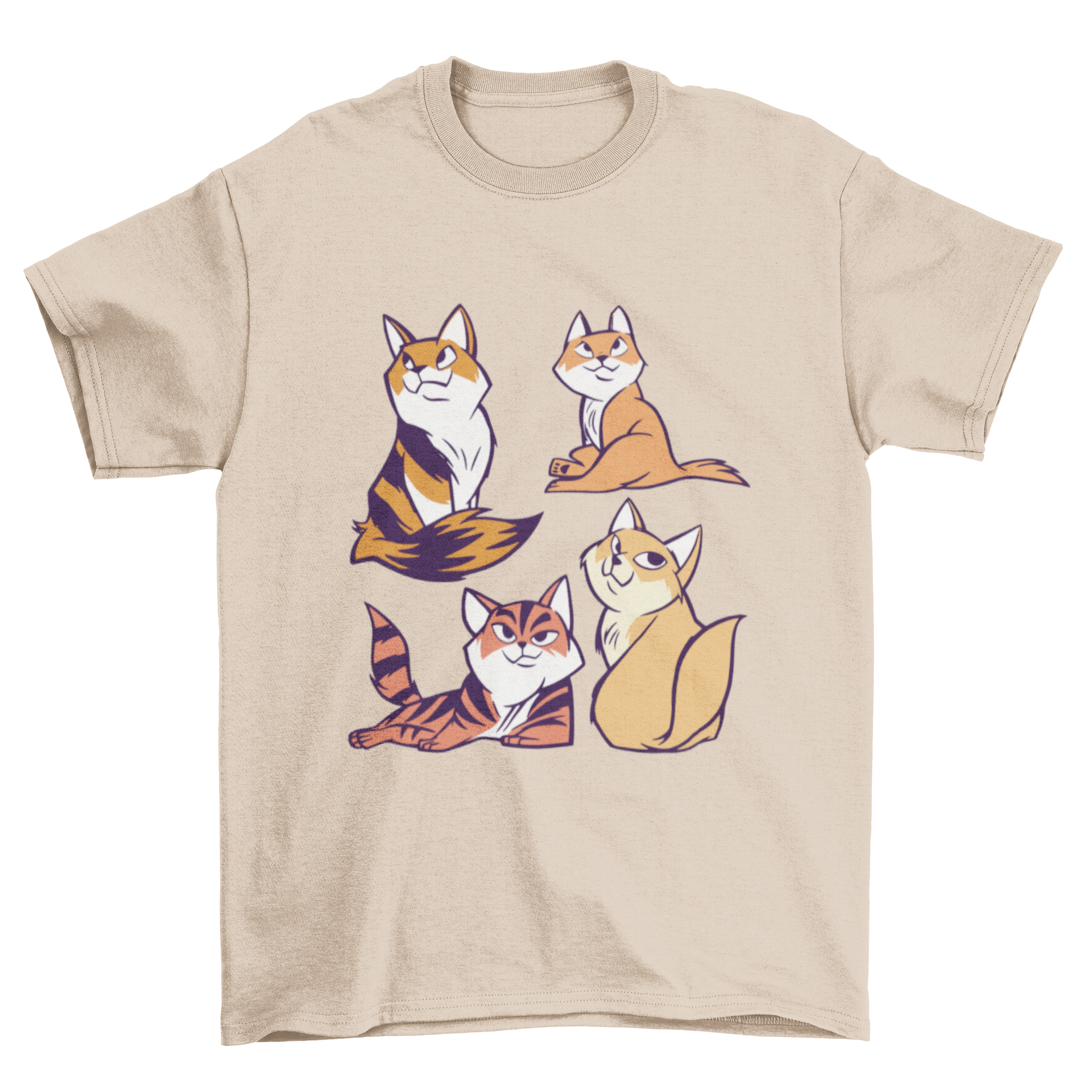 A colorful Cat Siblings Cartoon T-shirt featuring four cute cat illustrations, perfect for cat lovers.