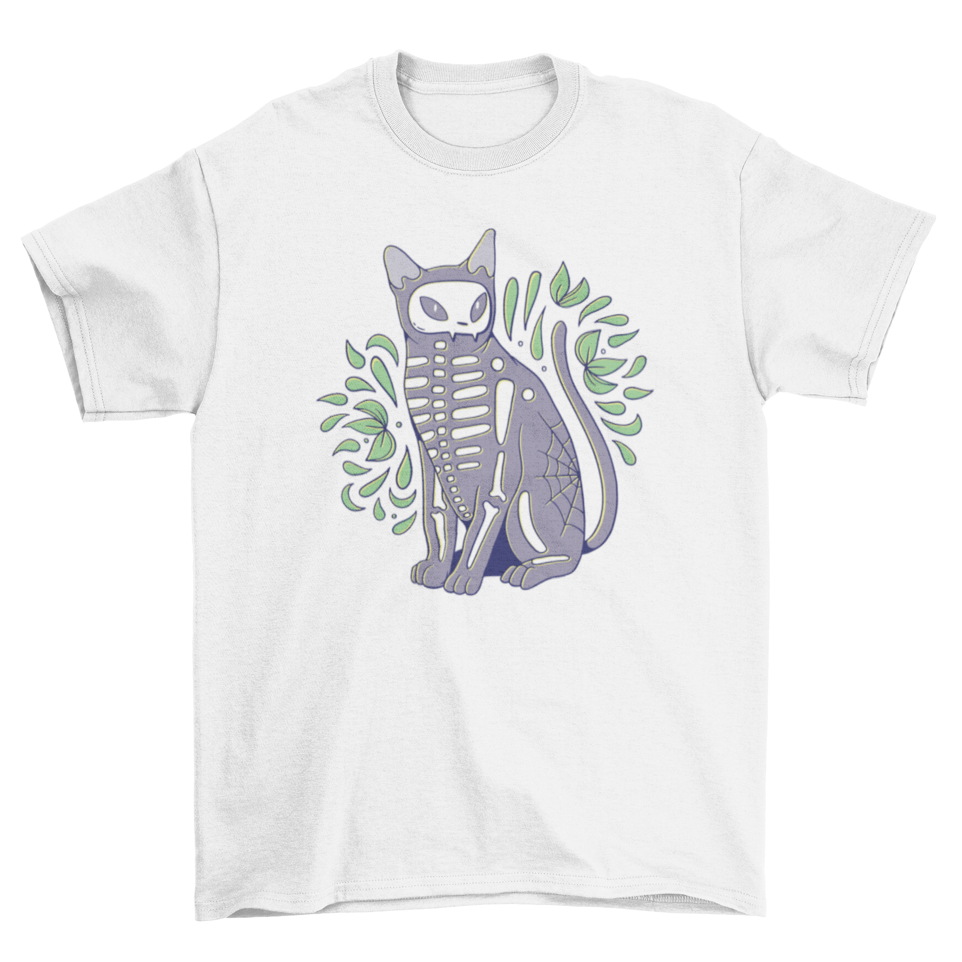 A stylish black t-shirt featuring a colorful skeleton design of a cat, perfect for Halloween.