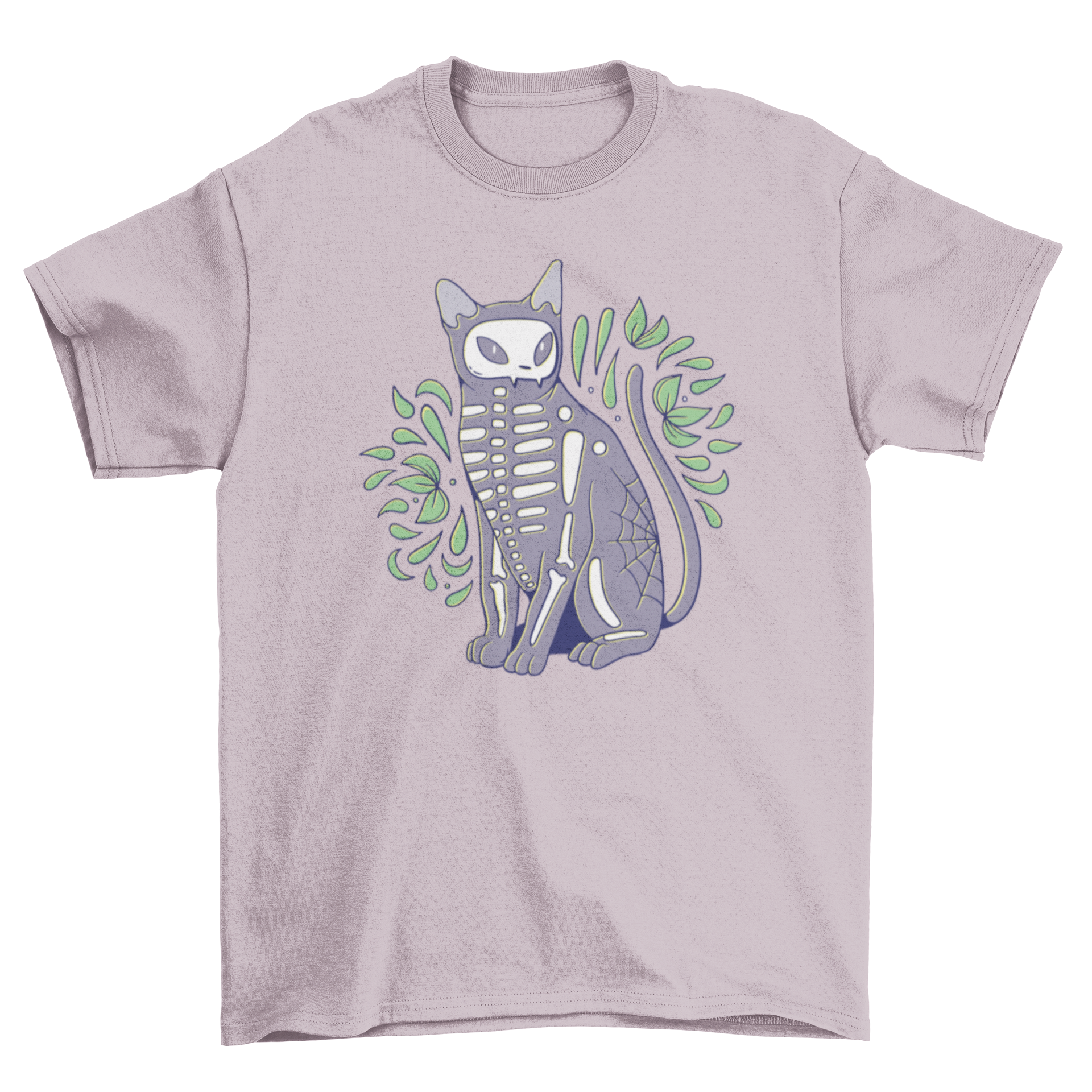 A stylish black t-shirt featuring a colorful skeleton design of a cat, perfect for Halloween.