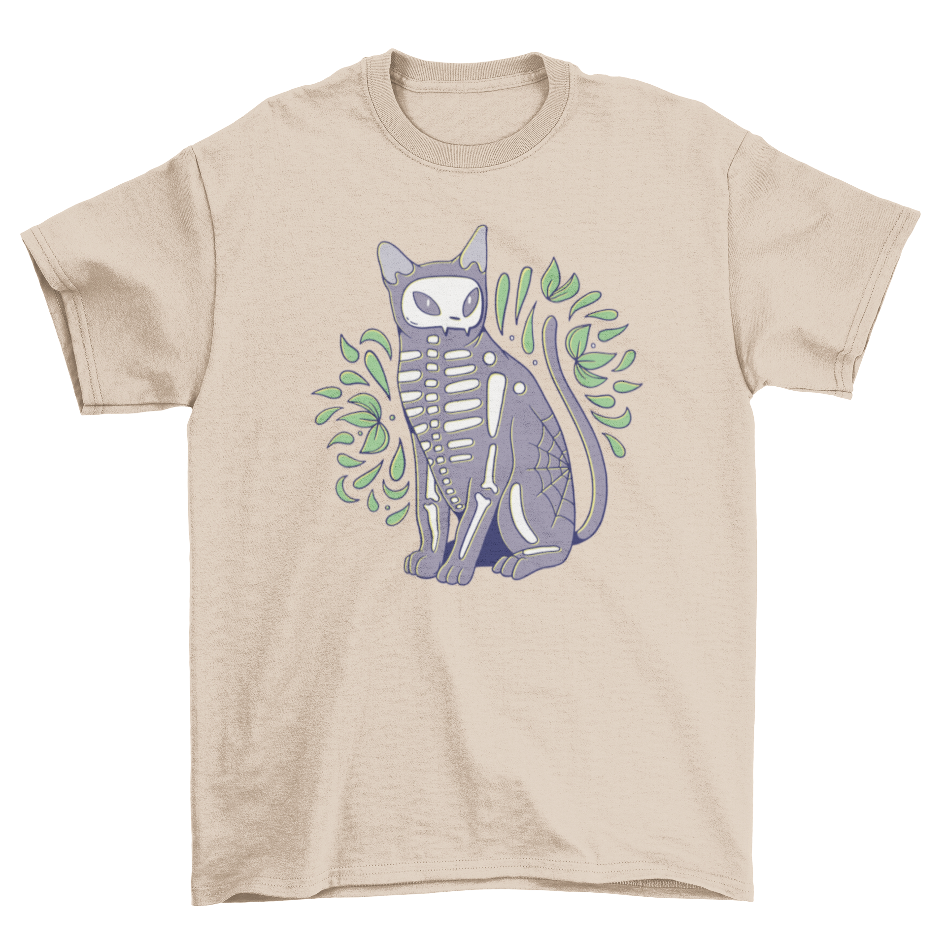 A stylish black t-shirt featuring a colorful skeleton design of a cat, perfect for Halloween.