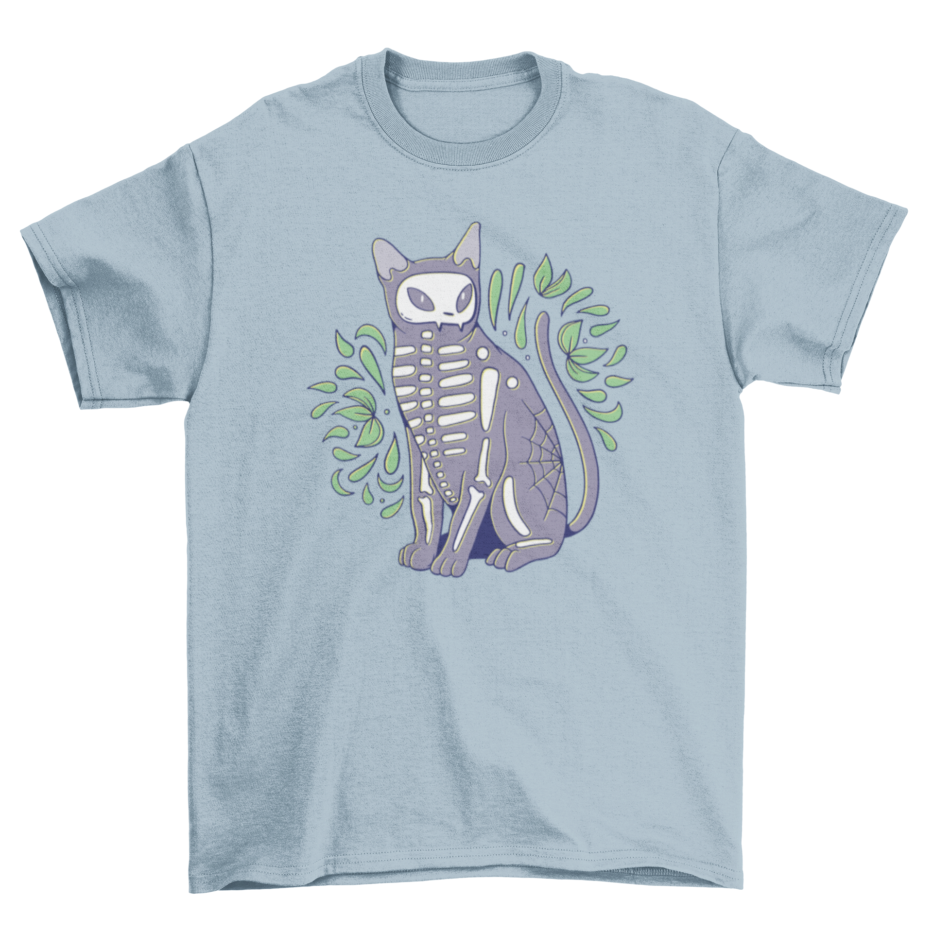 A stylish black t-shirt featuring a colorful skeleton design of a cat, perfect for Halloween.