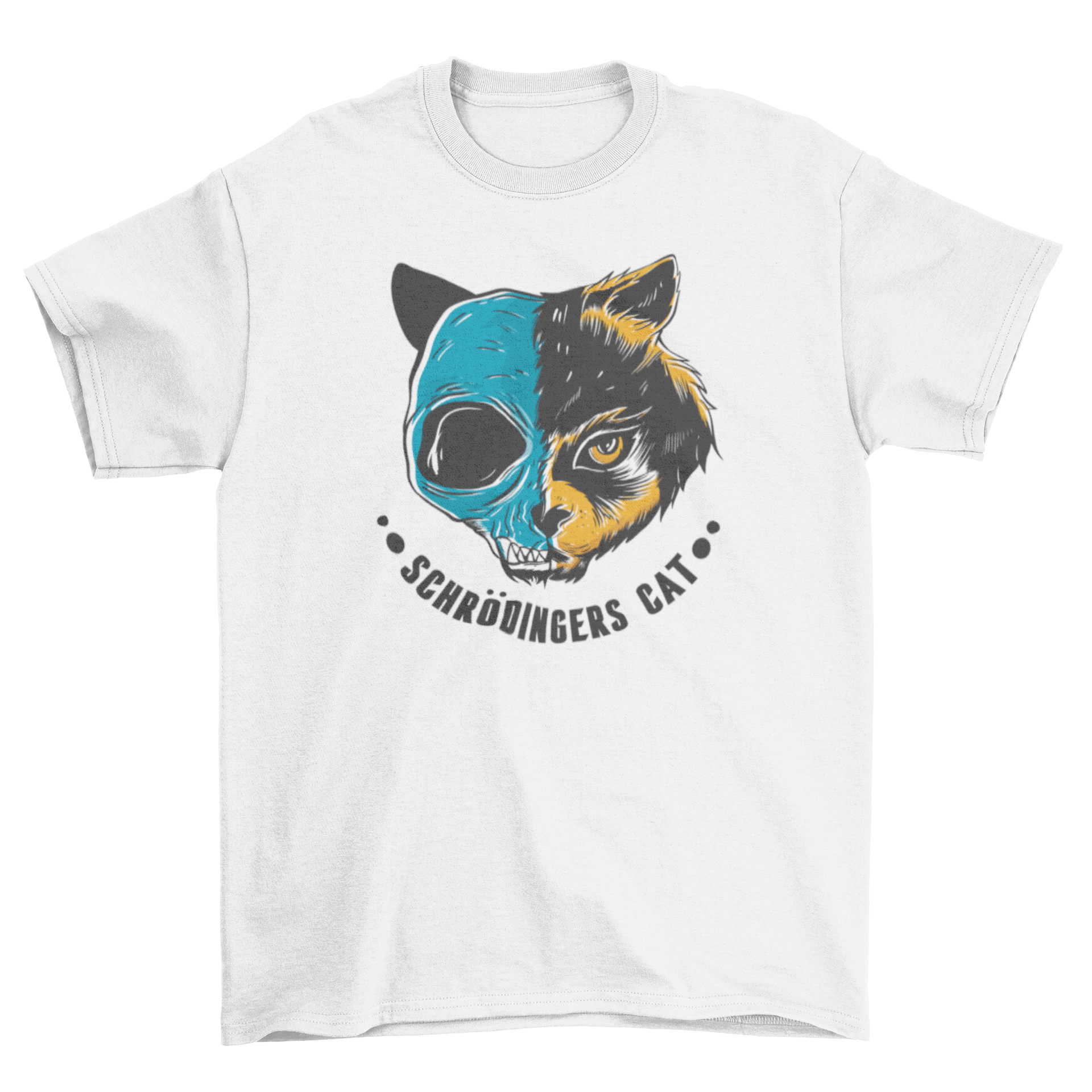 A stylish t-shirt featuring a cat skull design divided into two sides with the caption Schrödinger's cat, perfect for cat lovers.