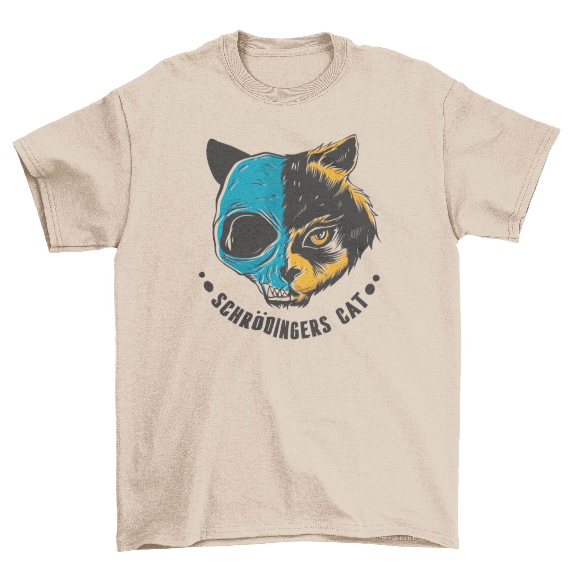 A stylish t-shirt featuring a cat skull design divided into two sides with the caption Schrödinger's cat, perfect for cat lovers.