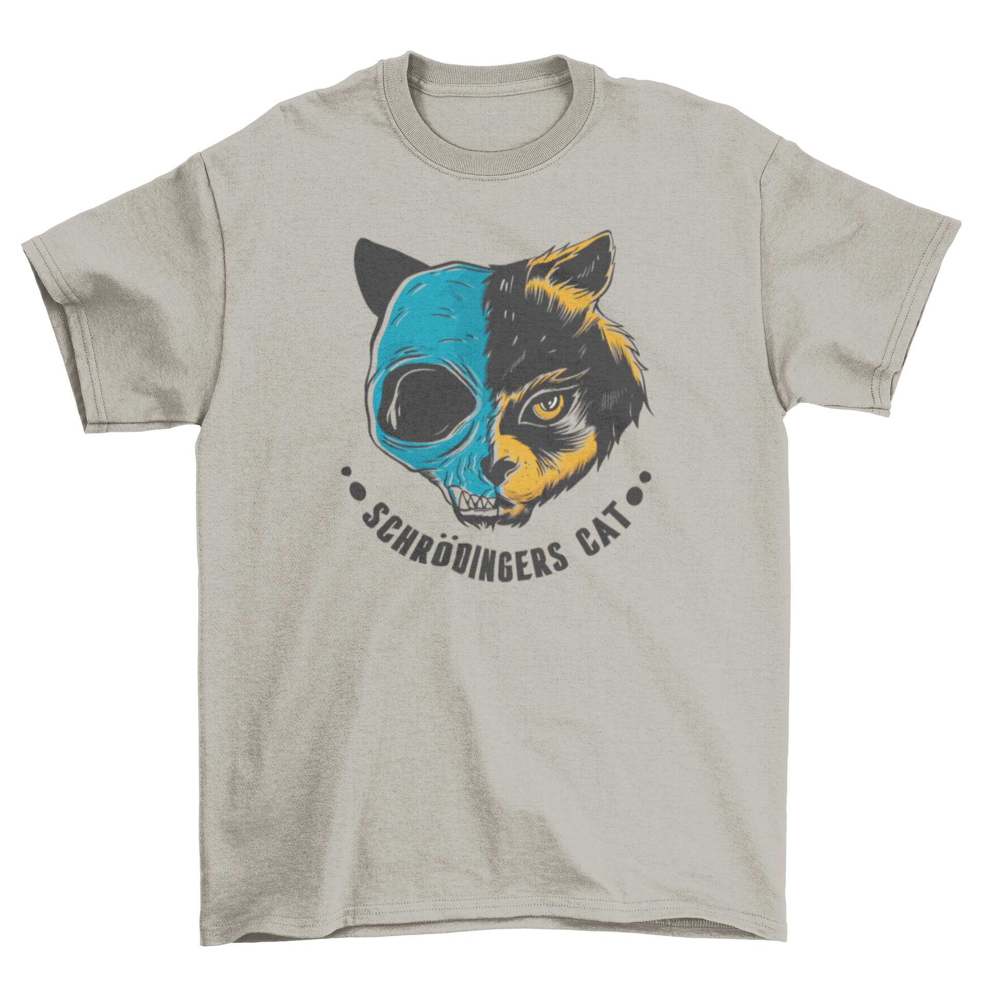 A stylish t-shirt featuring a cat skull design divided into two sides with the caption Schrödinger's cat, perfect for cat lovers.