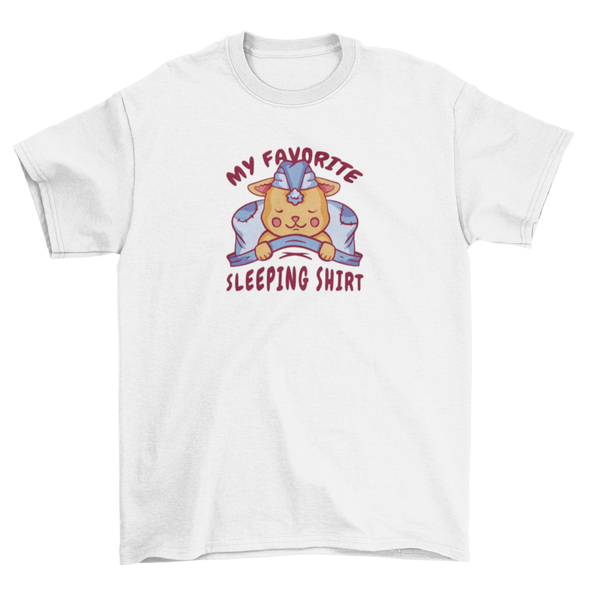 A cozy t-shirt featuring a cute cat sleeping in a bed with the quote 'My favorite sleeping shirt'.